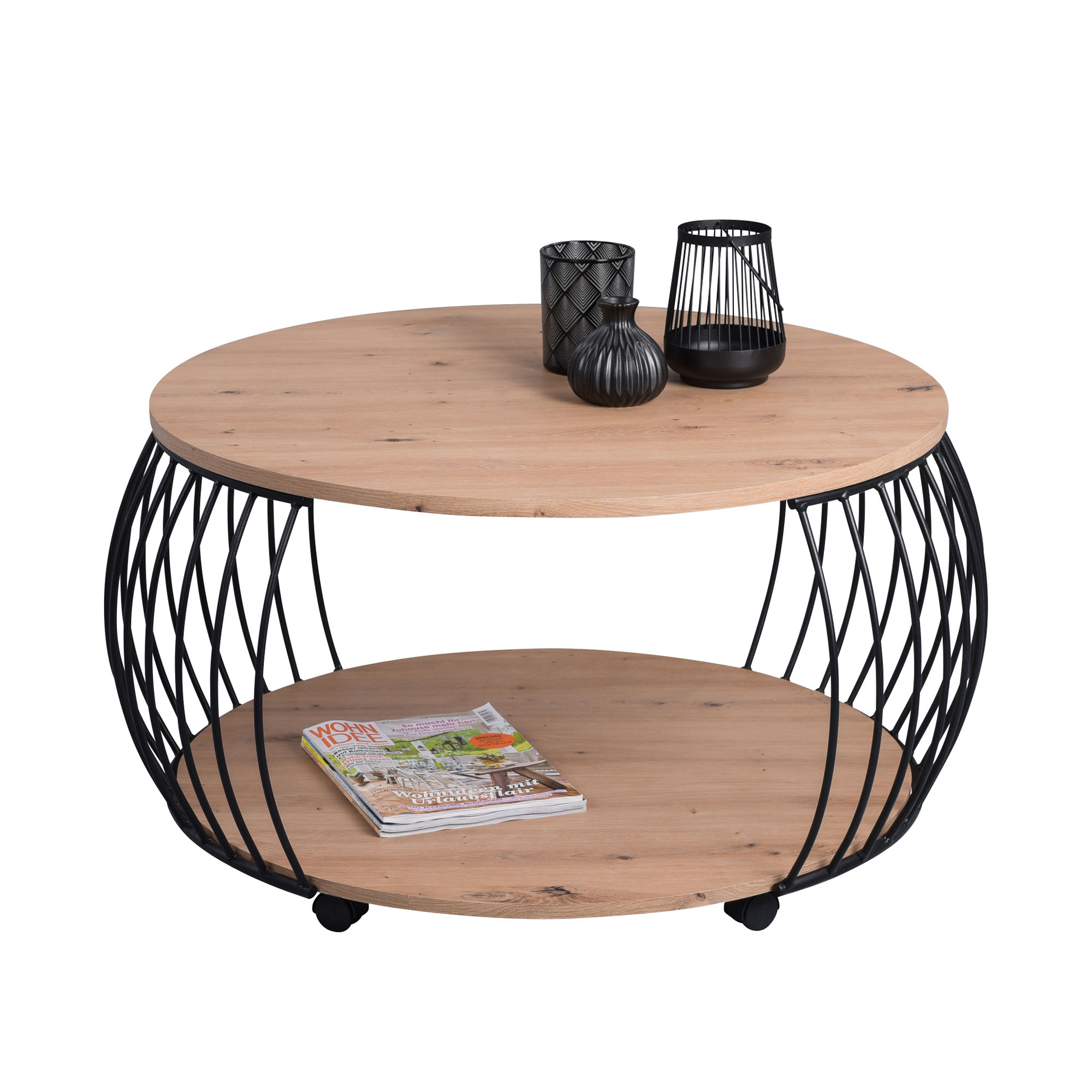 Runder Couchtisch mit Holzplatten und schwarzem Metallgestell, darauf schwarze Dekovasen, unten eine Zeitschrift auf dem Ablageboden