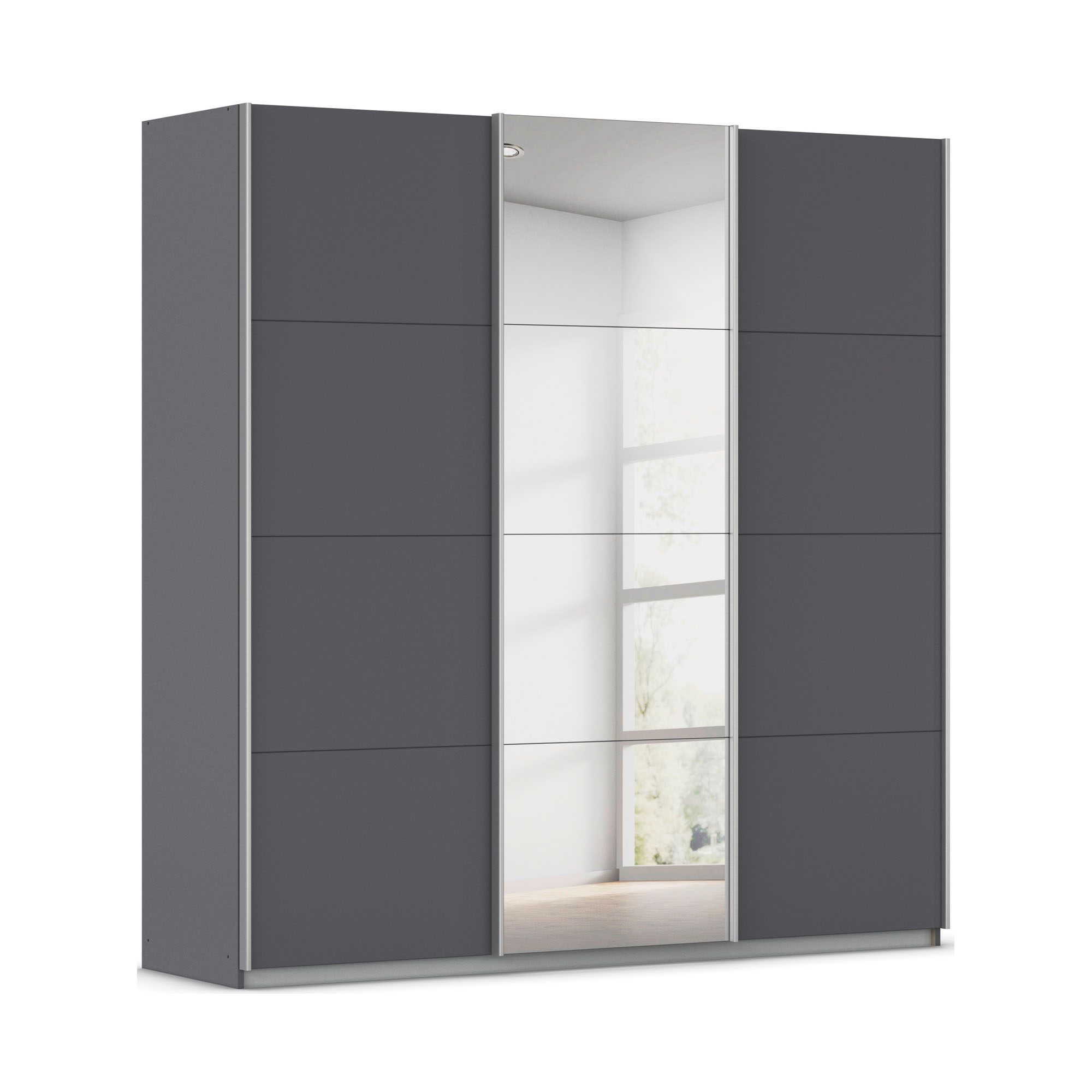 Schwebetürenschrank 3-türig 1 Spiegeltüre 2 Schubkästen grau metallic