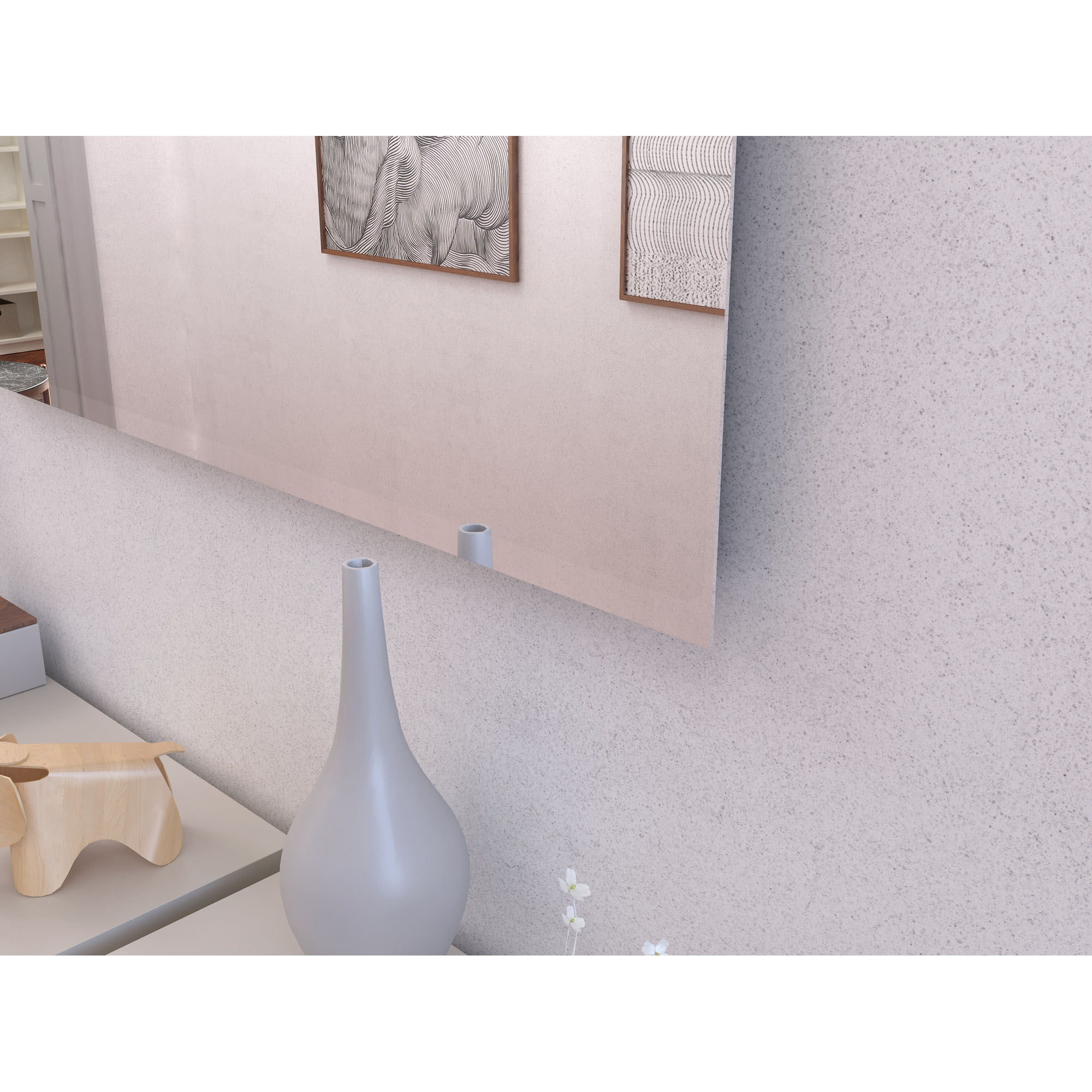 Nahaufnahme eines rechteckigen Wandspiegels an einer hellen Wand mit Dekoration darunter