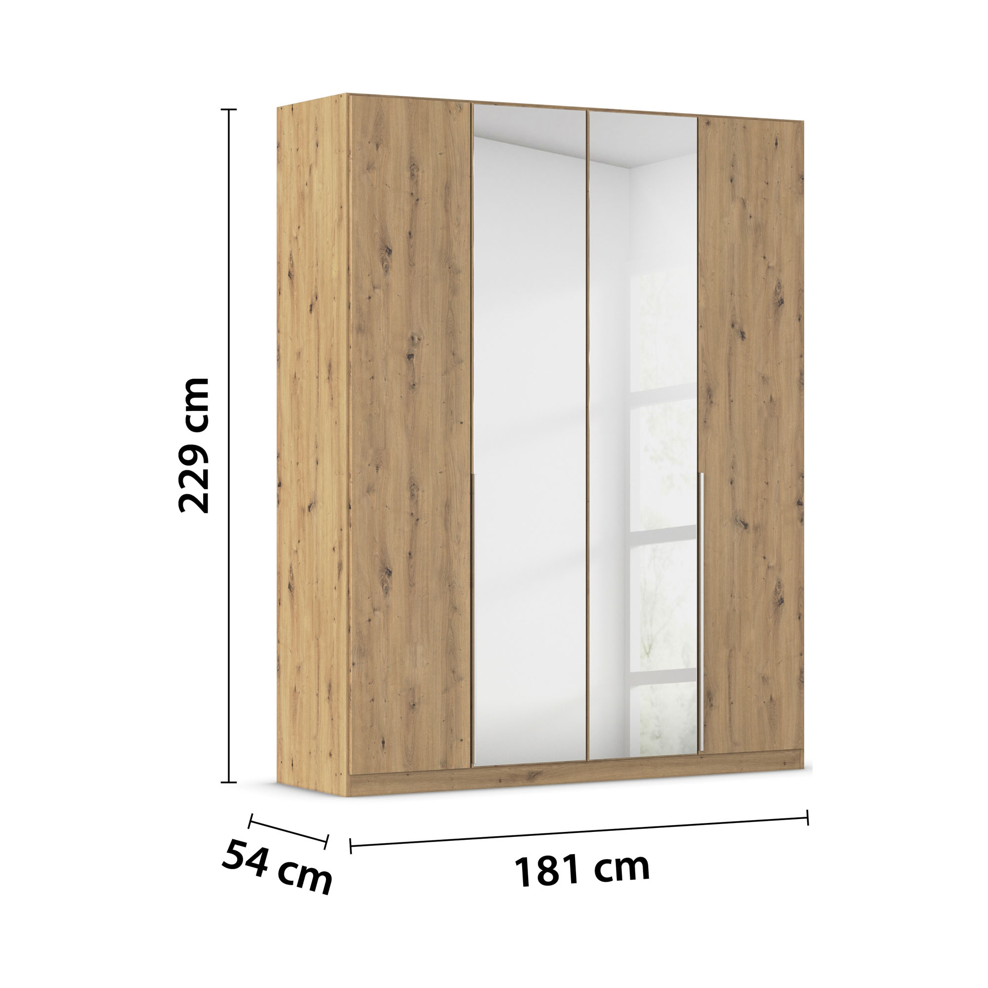 Kleiderschrank in Eiche Artisan mit Spiegeltüren und eingezeichneten Maßen 181 cm Breite, 229 cm Höhe und 54 cm Tiefe