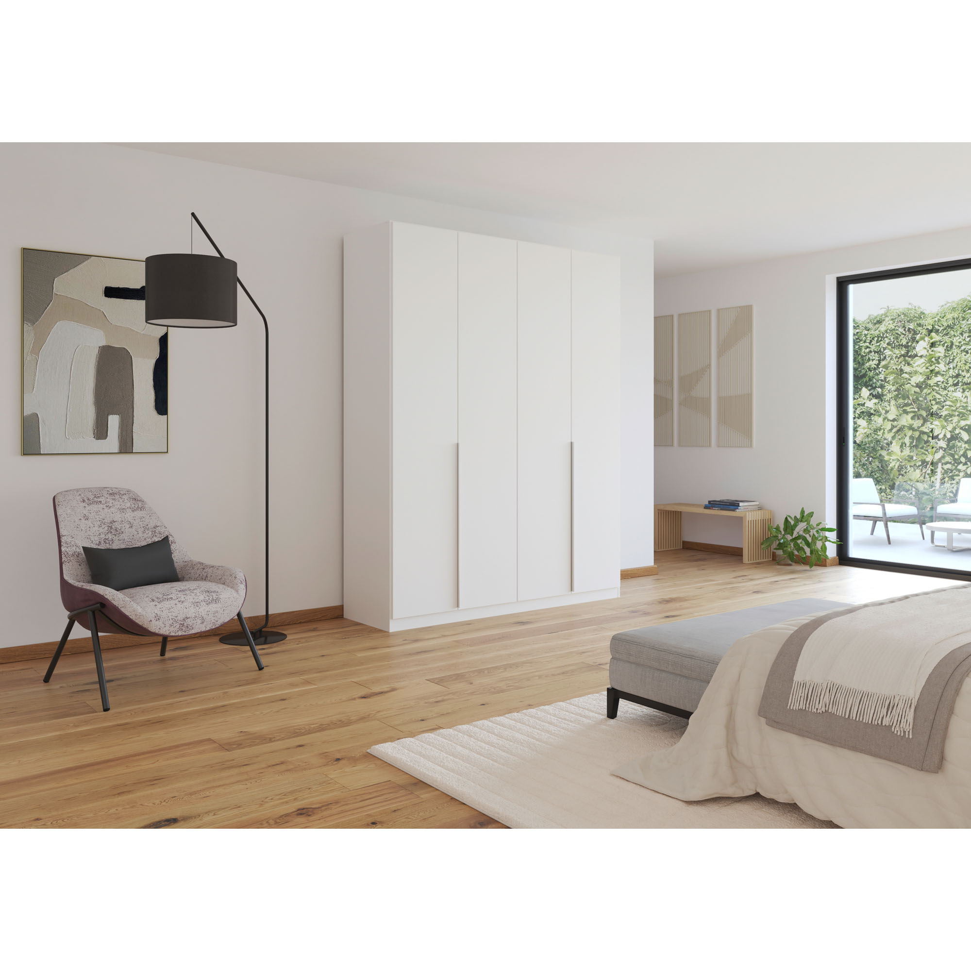 Weißer 4-türiger Kleiderschrank in einem modern eingerichteten Schlafzimmer mit Holzboden und stilvollen Möbeln