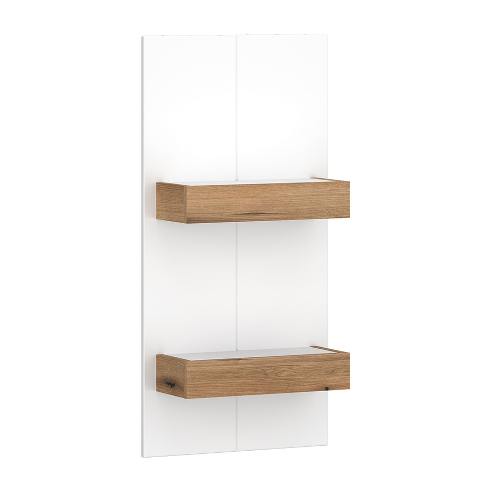 Modernes Wandregal mit zwei Ablageflächen in Holzoptik und weißer Rückwand