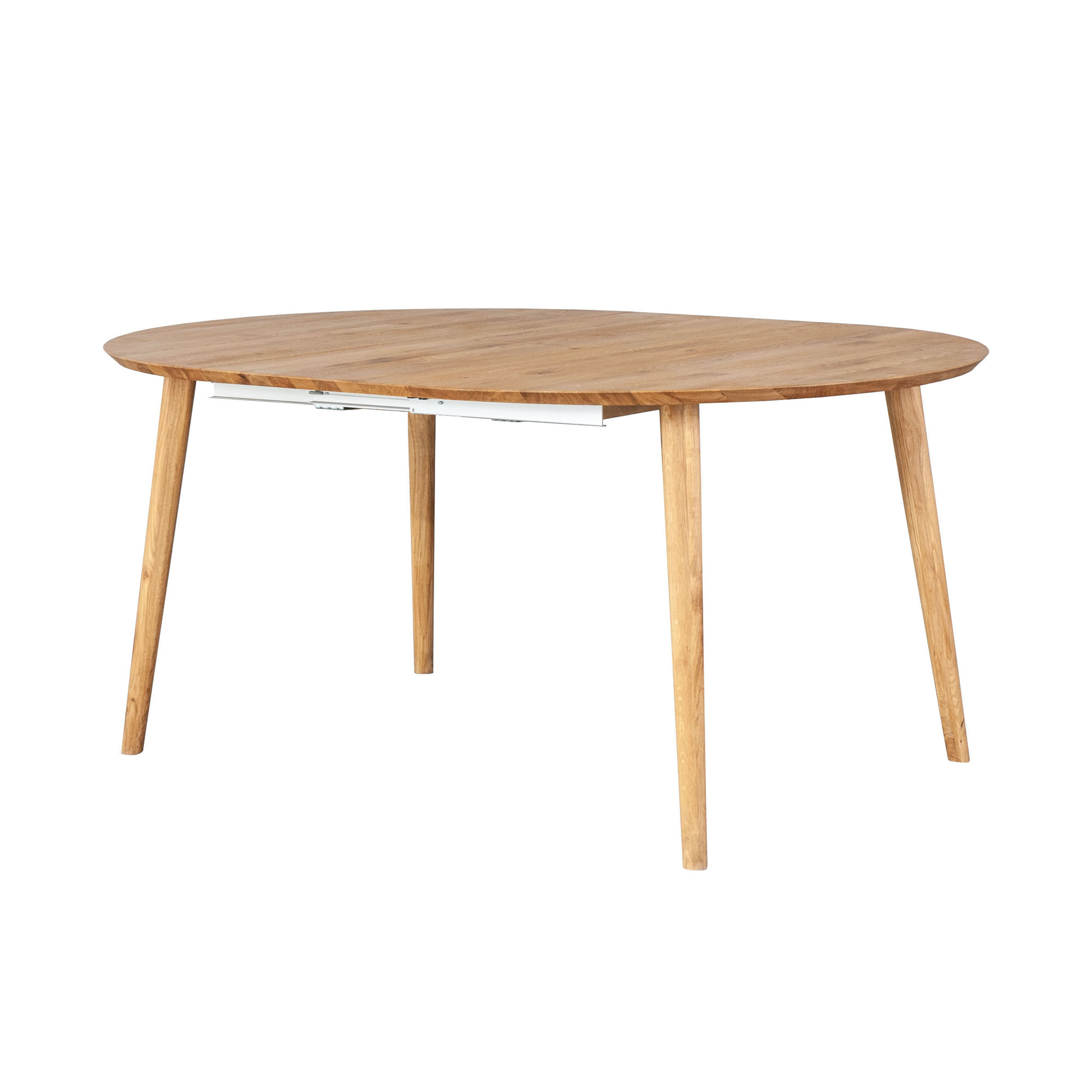 Draufsicht auf die runde Tischplatte eines Holztisches mit sichtbarer Holzmaserung
