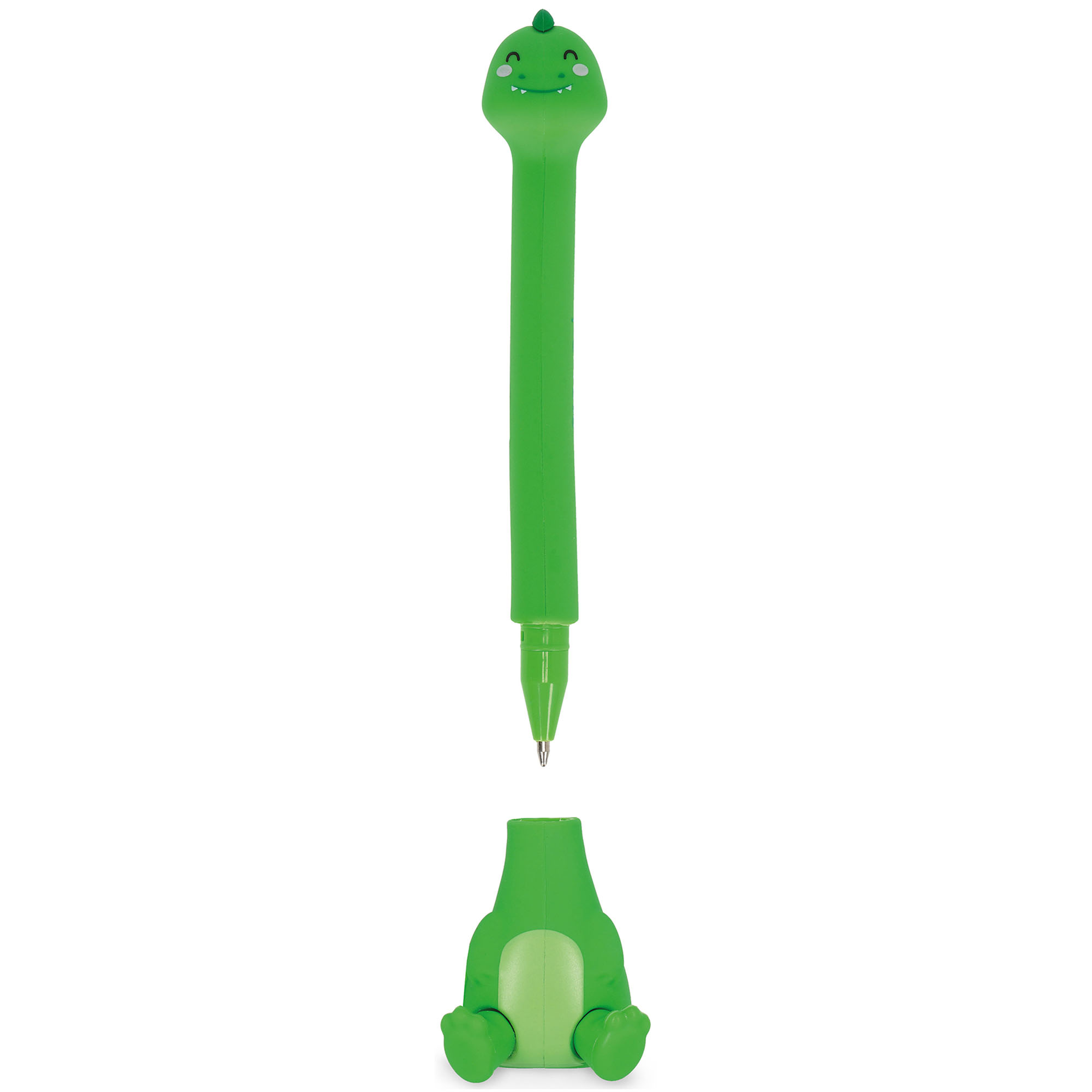 Grüner Kugelschreiber mit Dinosaurier-Standfuß, mit getrenntem Stift über dem Tier-Standfuß dargestellt.