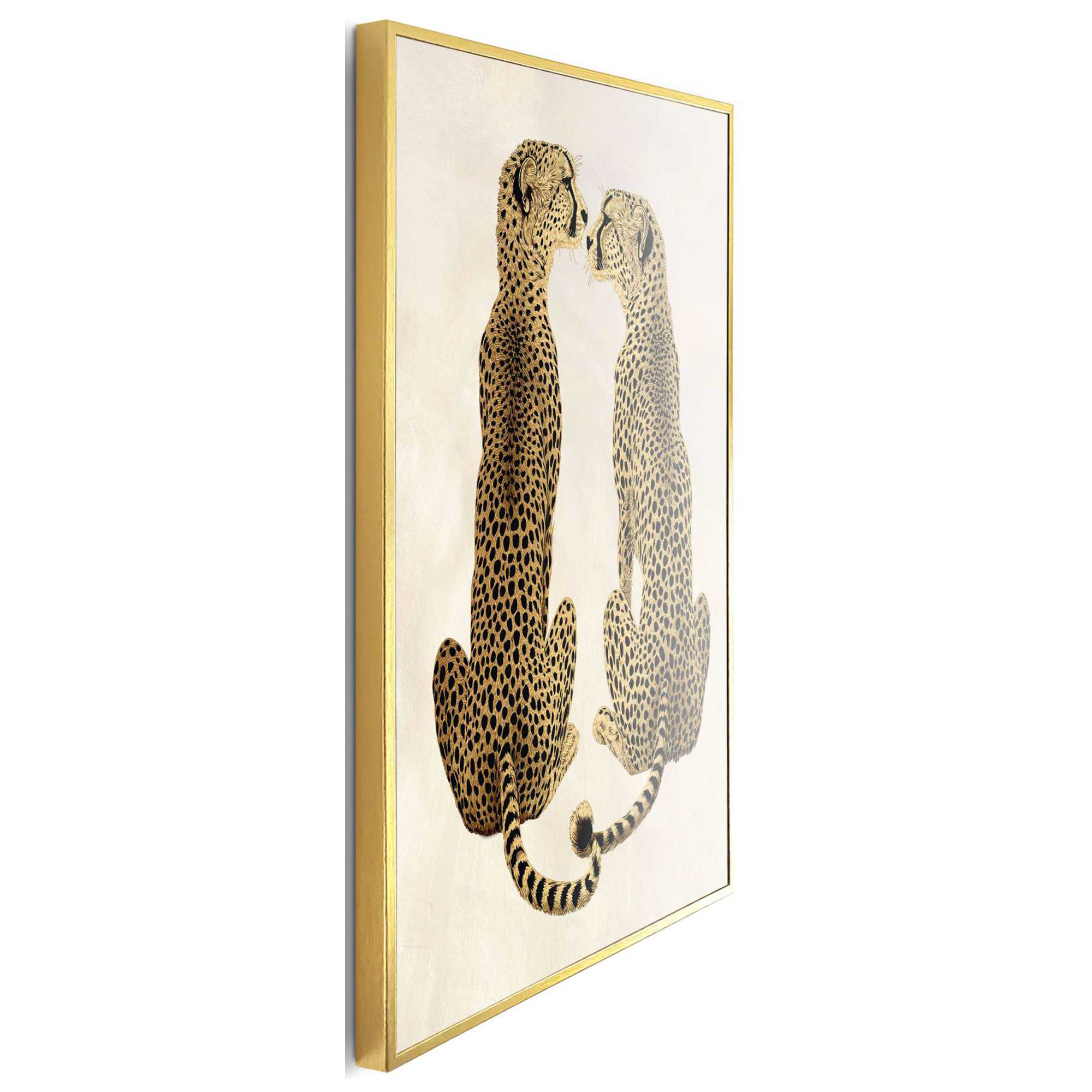 Seitliche Schrägansicht des Wandbilds „Loving Cheetas“, 30 × 40 cm; Profil, Kante und Tiefe des Bildes sind erkennbar.