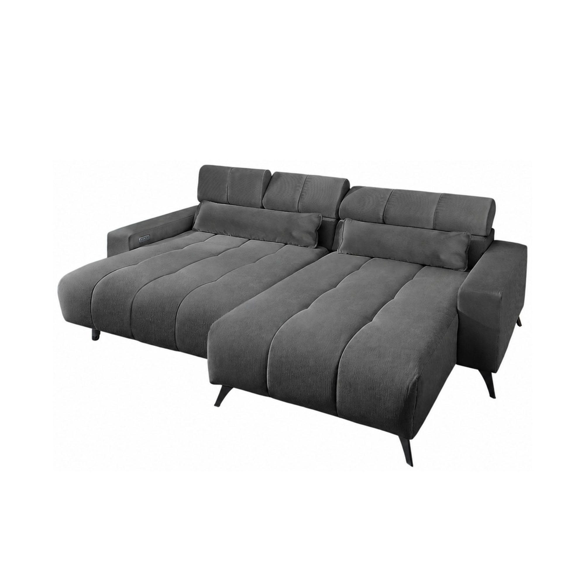 Dunkelgraues Ecksofa in Cord-Optik mit Ottomane rechts, ausgezogener Sitzfläche, verstellbaren Kopfstützen und schwarzen Metallfüßen