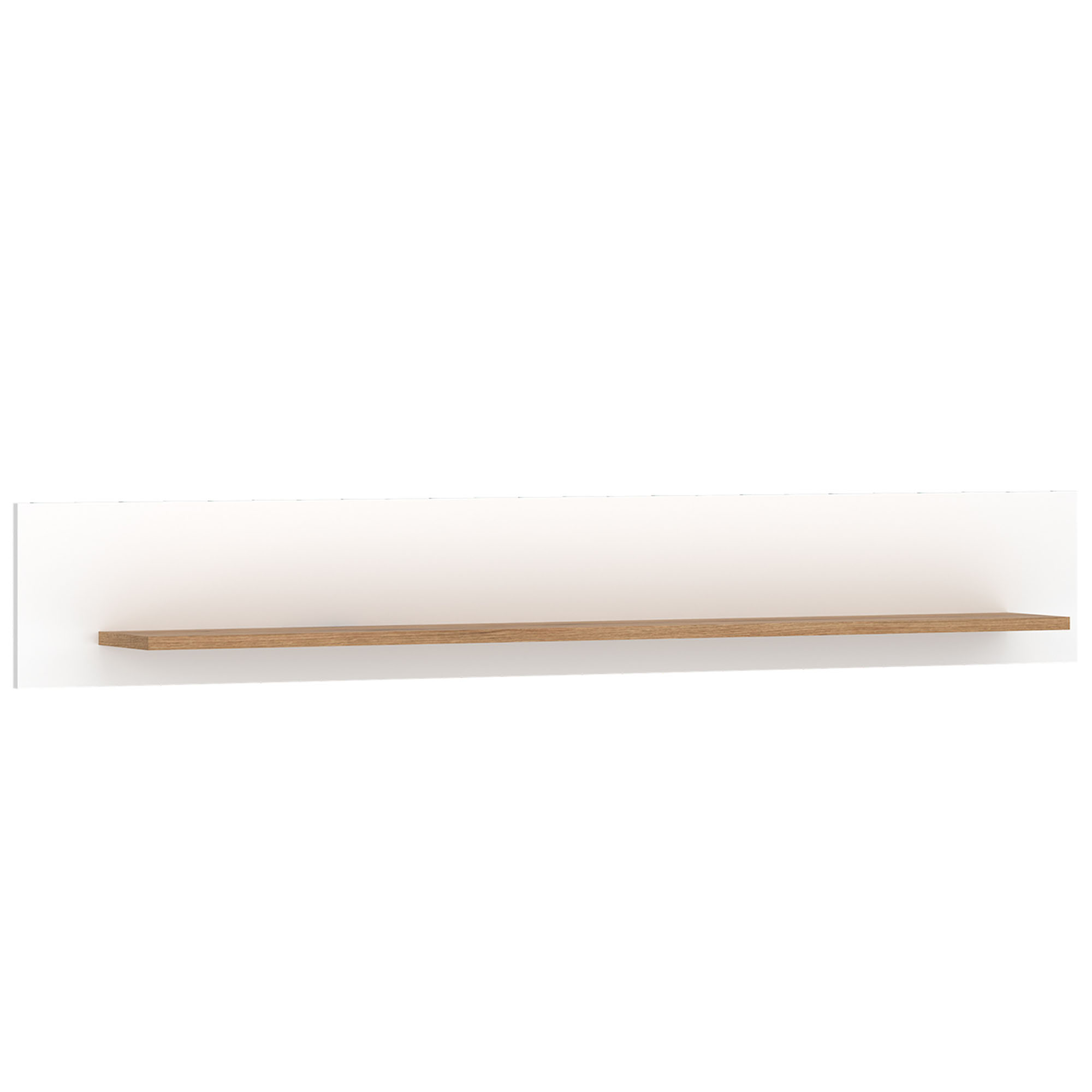 Modernes Wandboard mit weißer Rückwand und Ablageboden in natürlicher Holzoptik