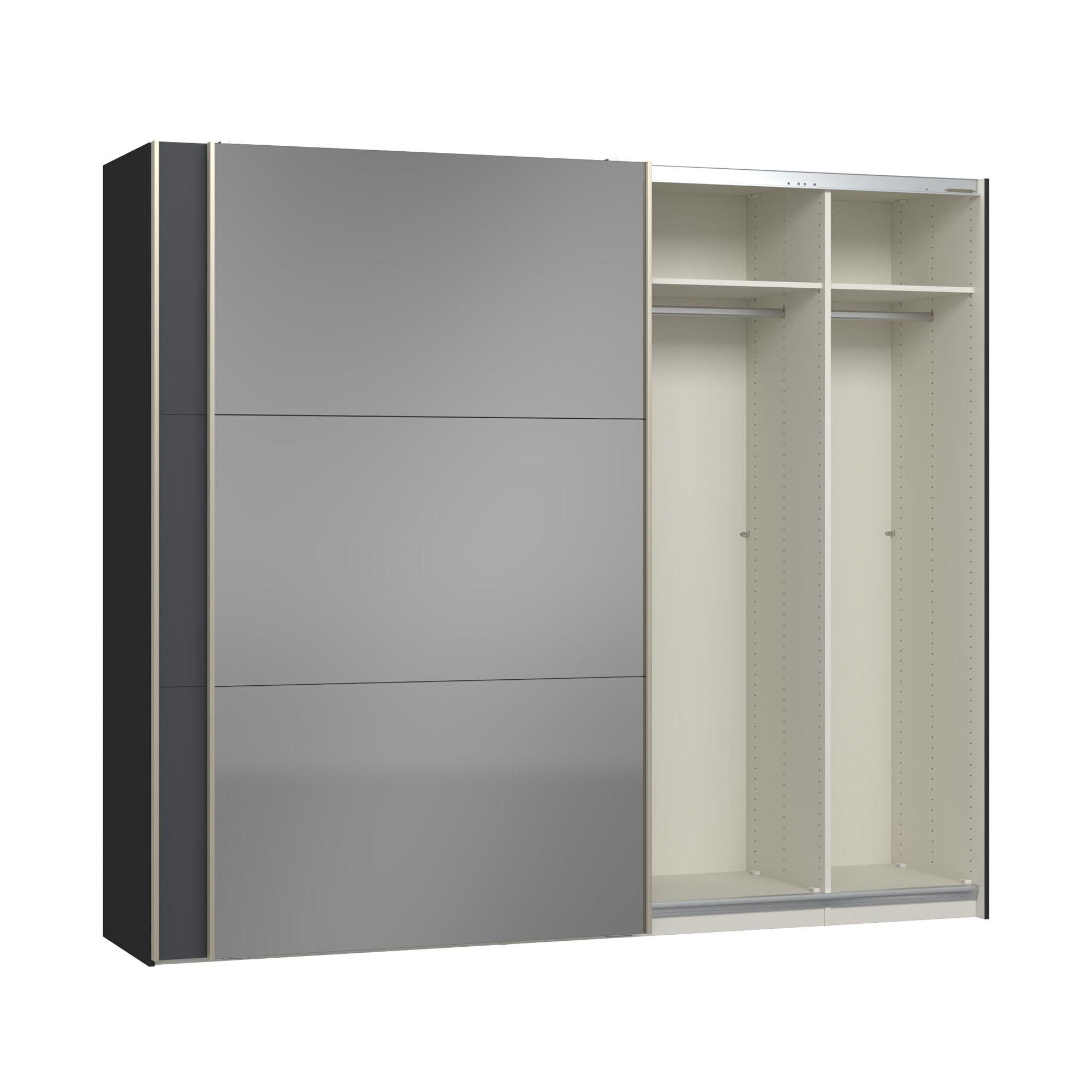 Schwebetürenschrank mit geöffneter Schiebetür und sichtbarer Innenaufteilung mit Kleiderstangen und Fachböden