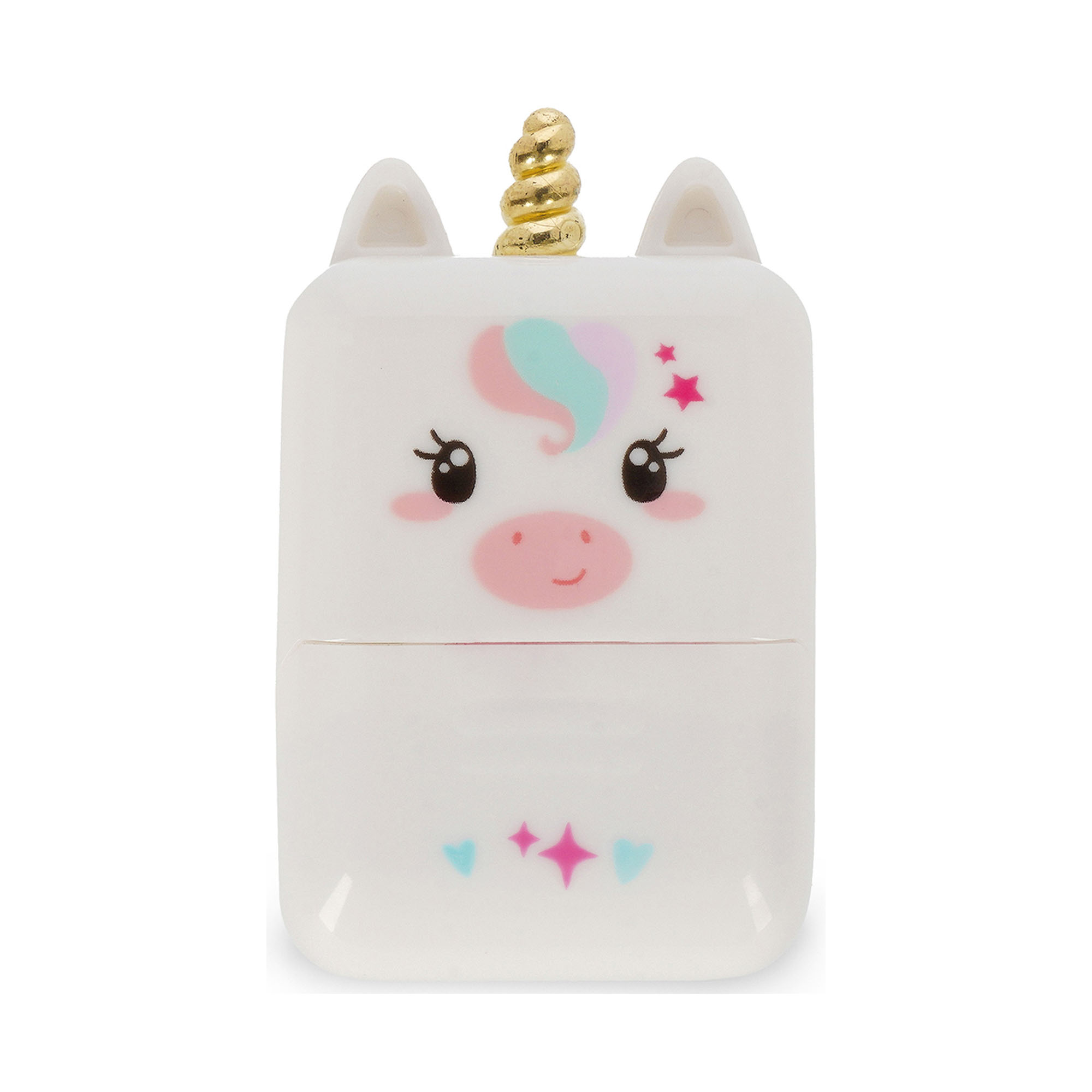 Weißer Deko-Rollstempel im Einhorn-Design, geschlossen als kompakte Tierfigur frontal dargestellt.