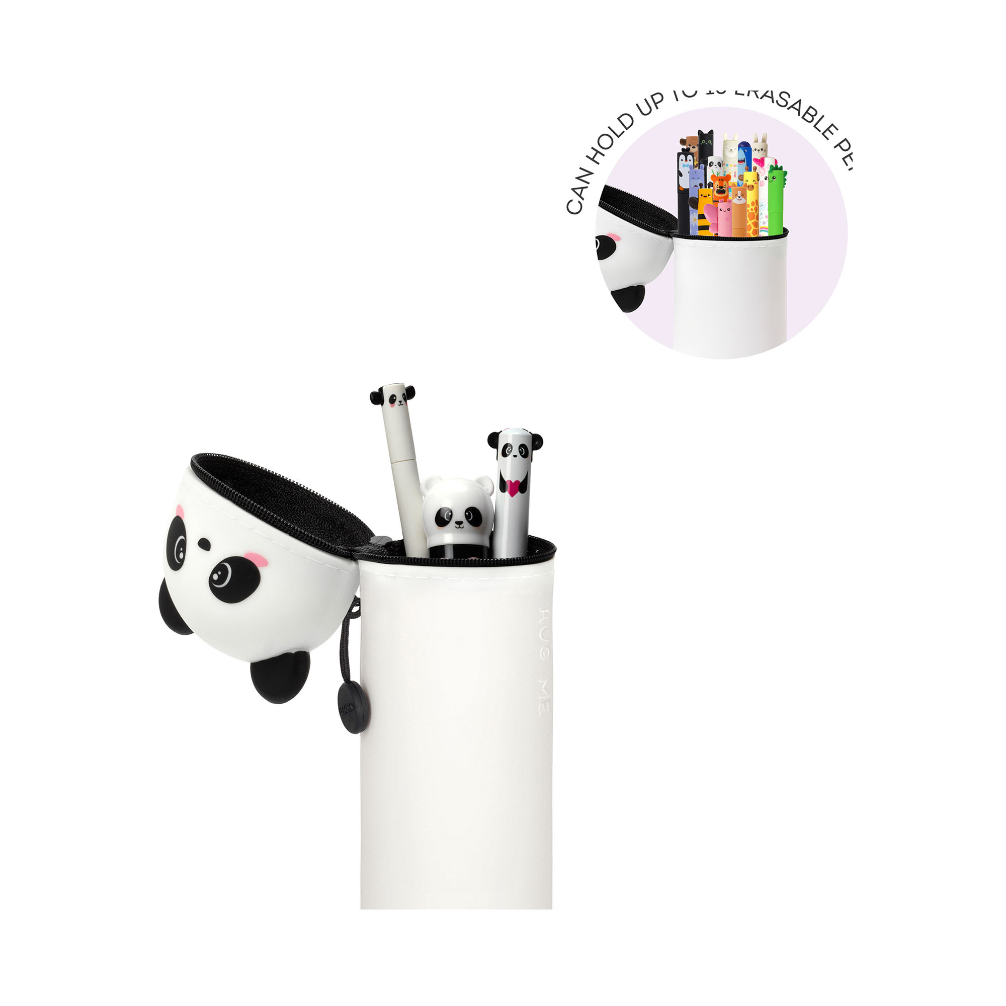 Weißes 2-in-1-Silikon-Federmäppchen im Panda-Design, teilweise geöffnet mit eingeblendeter Darstellung der verstellbaren Höhe gezeigt.