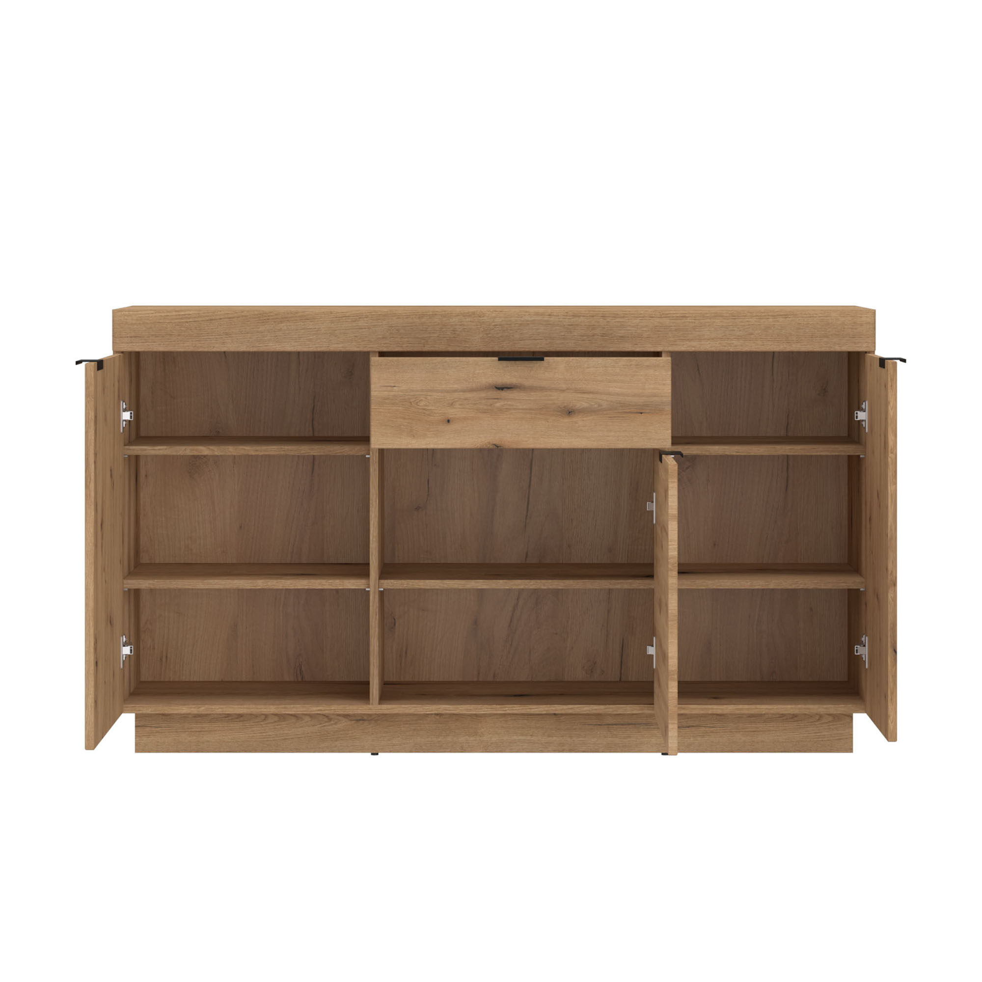 Geöffnetes Delamar Sideboard in Eiche Artisan mit zwei Türen, einer Schublade und mehreren Einlegeböden für übersichtlichen Stauraum im Wohnbereich