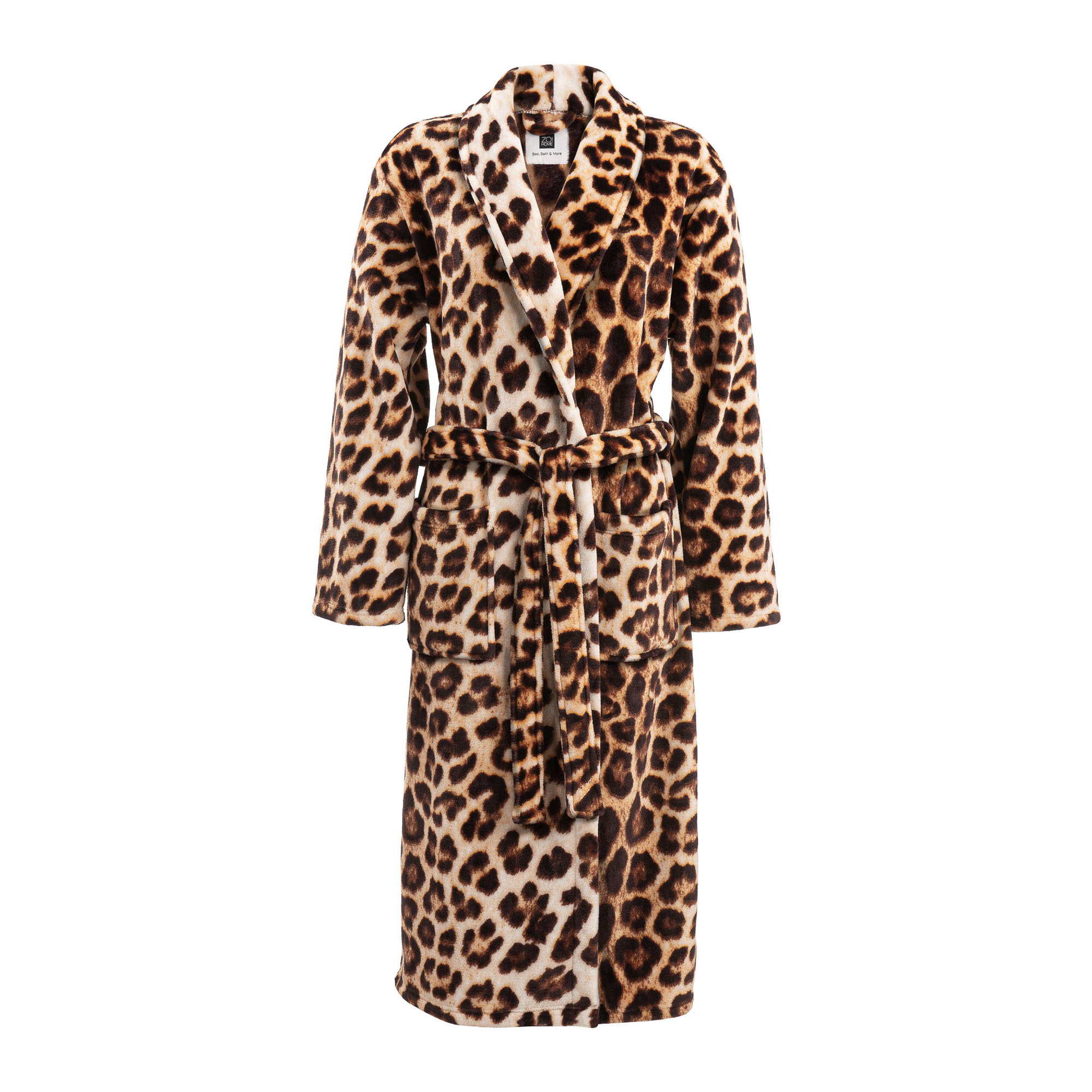 Leopard Bademantel in Brown, Größe L: zweite Ganzansicht des langen Bademantels mit Leopardenmuster in Braun, Schwarz und Beige, mit Schalkragen und Bindegürtel.