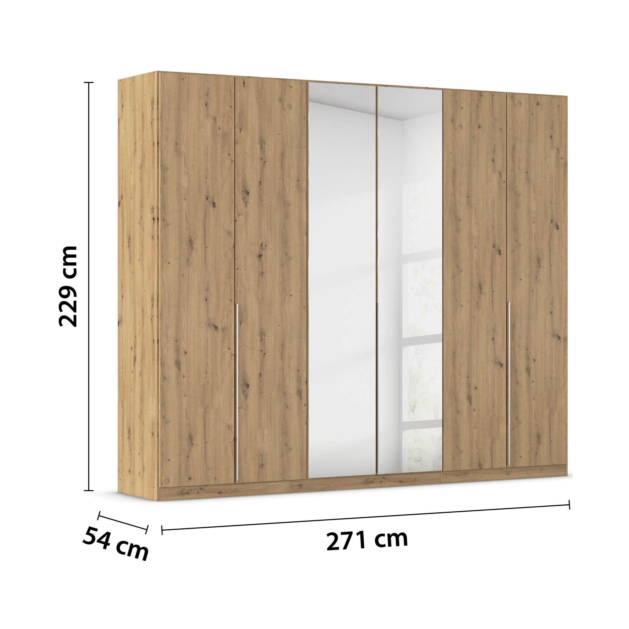 Kleiderschrank in Eiche Artisan mit Spiegeltüren und Maßangaben 271 cm Breite, 229 cm Höhe und 54 cm Tiefe