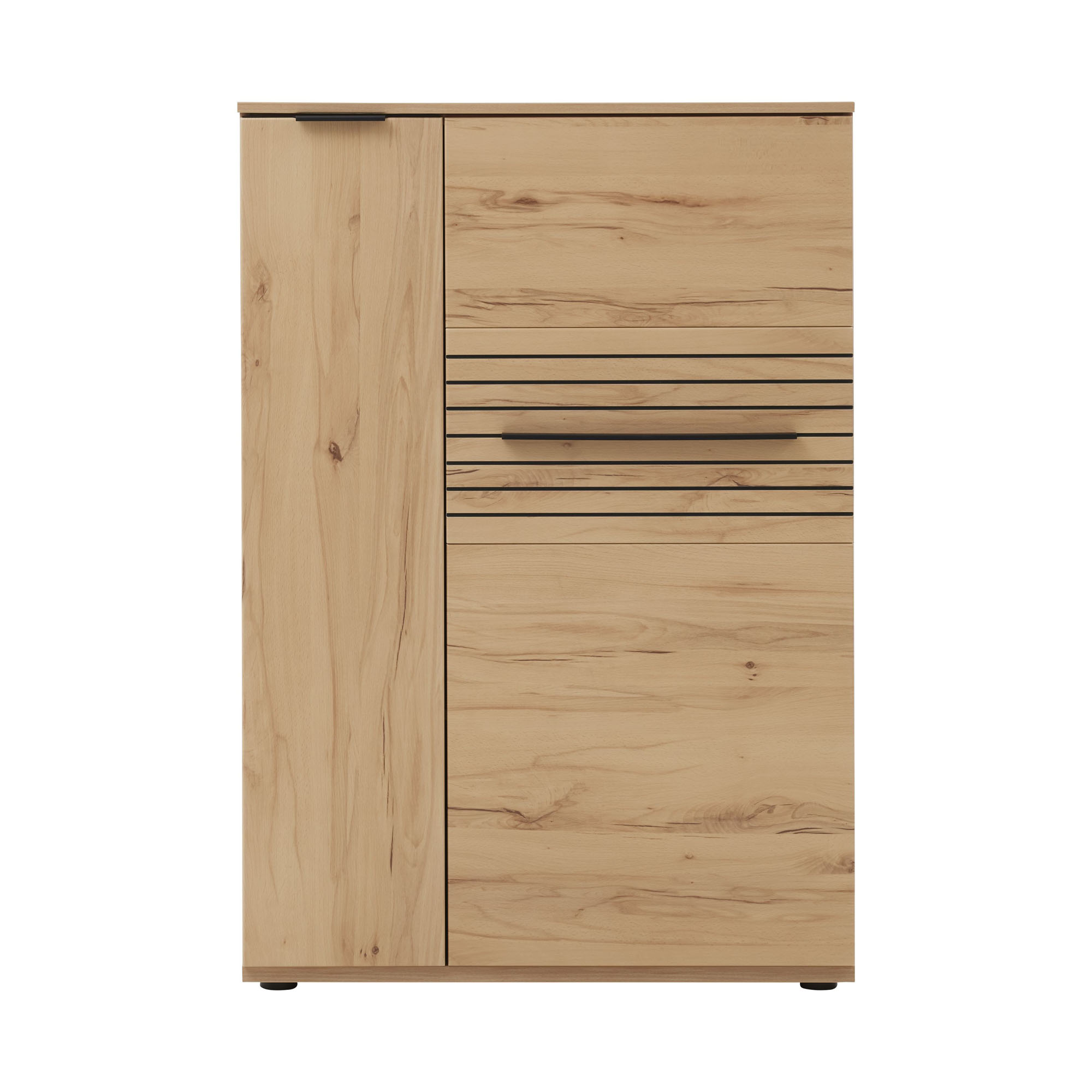 Interliving 2032 Highboard in natürlicher Holzoptik mit geschlossener Tür und Schublade in Frontansicht