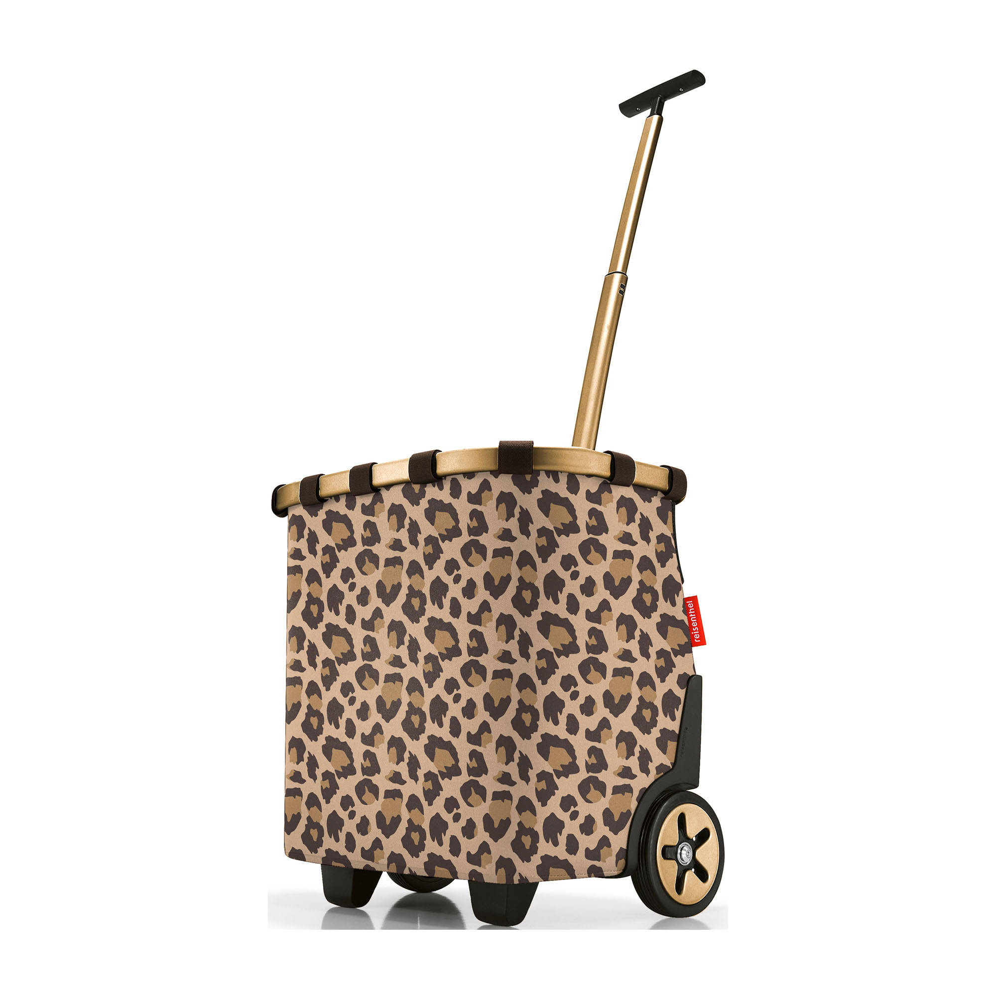 Einkaufstrolley von Reisenthel, Modell Carrycruiser, in Beige und Braun mit Leopardenmuster und braun-goldfarbenen Rahmendetails, seitlich mit ausgezogenem Teleskopgriff und zwei Rollen.
