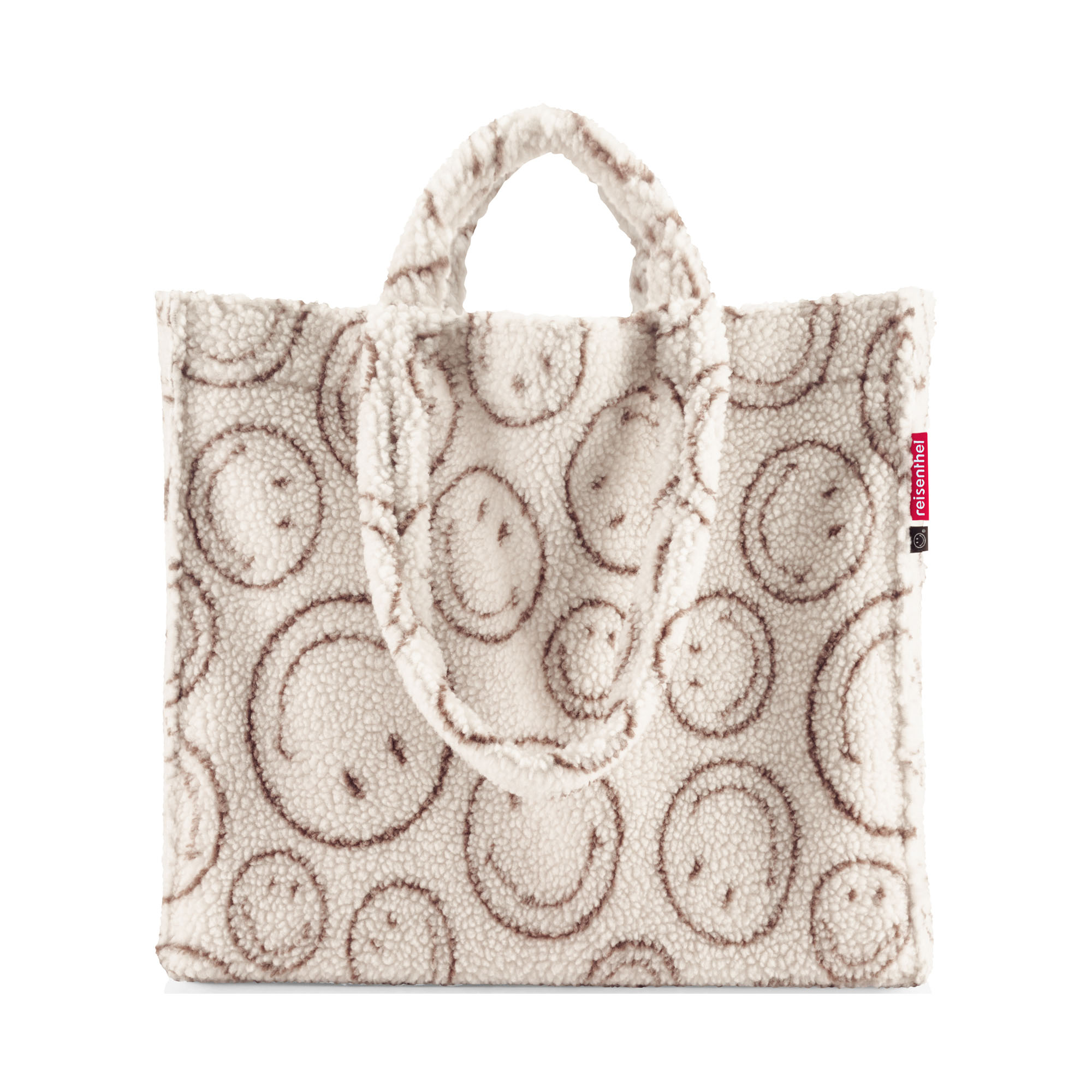 Shopper von Reisenthel, Modell Softshopper, in Creme und Braun mit Smiley-Muster aus Teddyfleece, von hinten mit langen und kurzen Tragegriffen