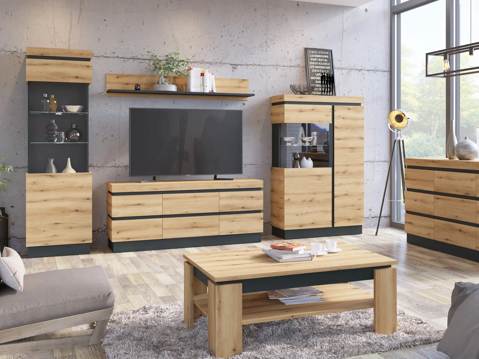Wohnwand Cortina in Artisan Eiche und Anthrazit – Modernes Wohnprogramm