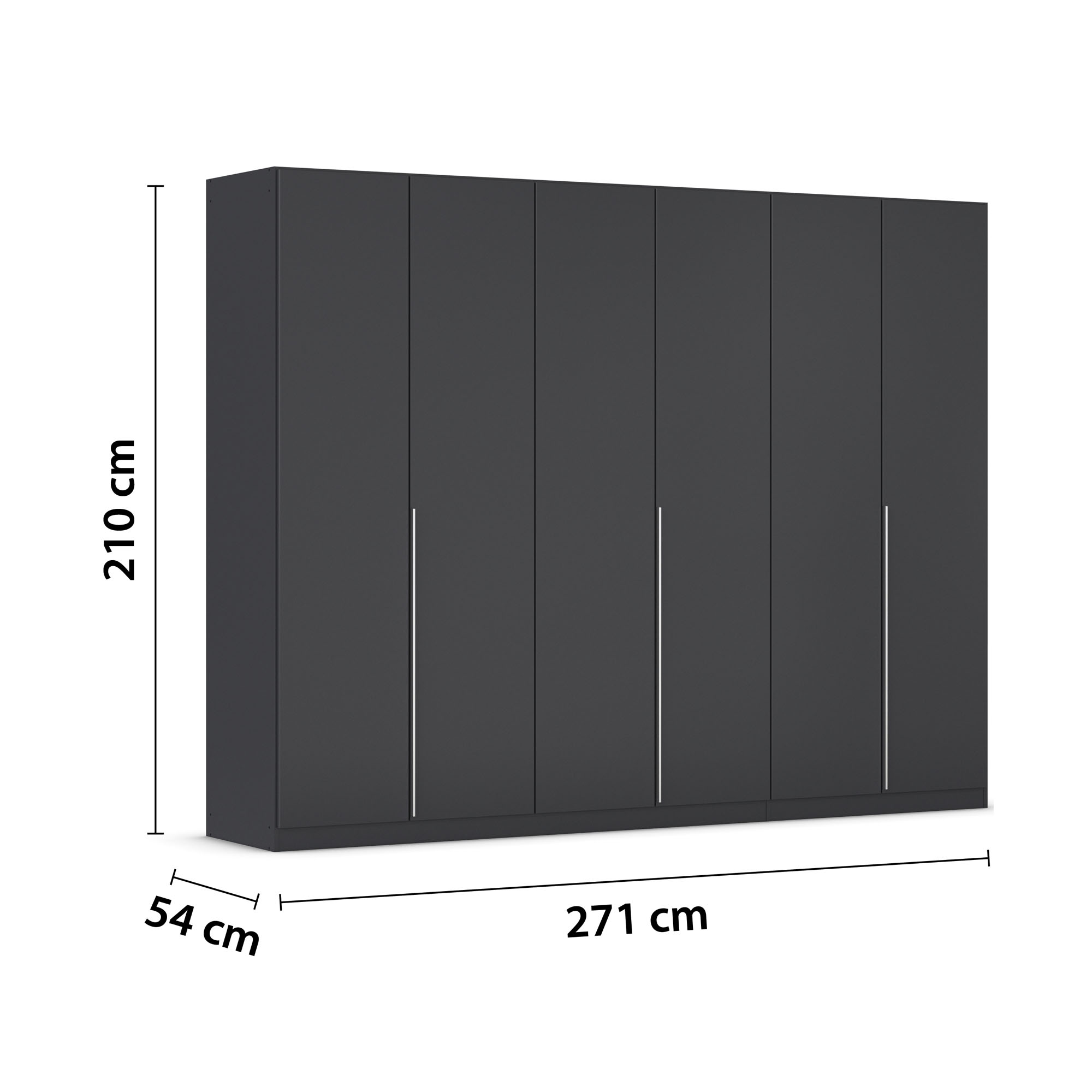 Grau-Metallicer Kleiderschrank mit Maßangaben 271 cm Breite, 210 cm Höhe und 54 cm Tiefe