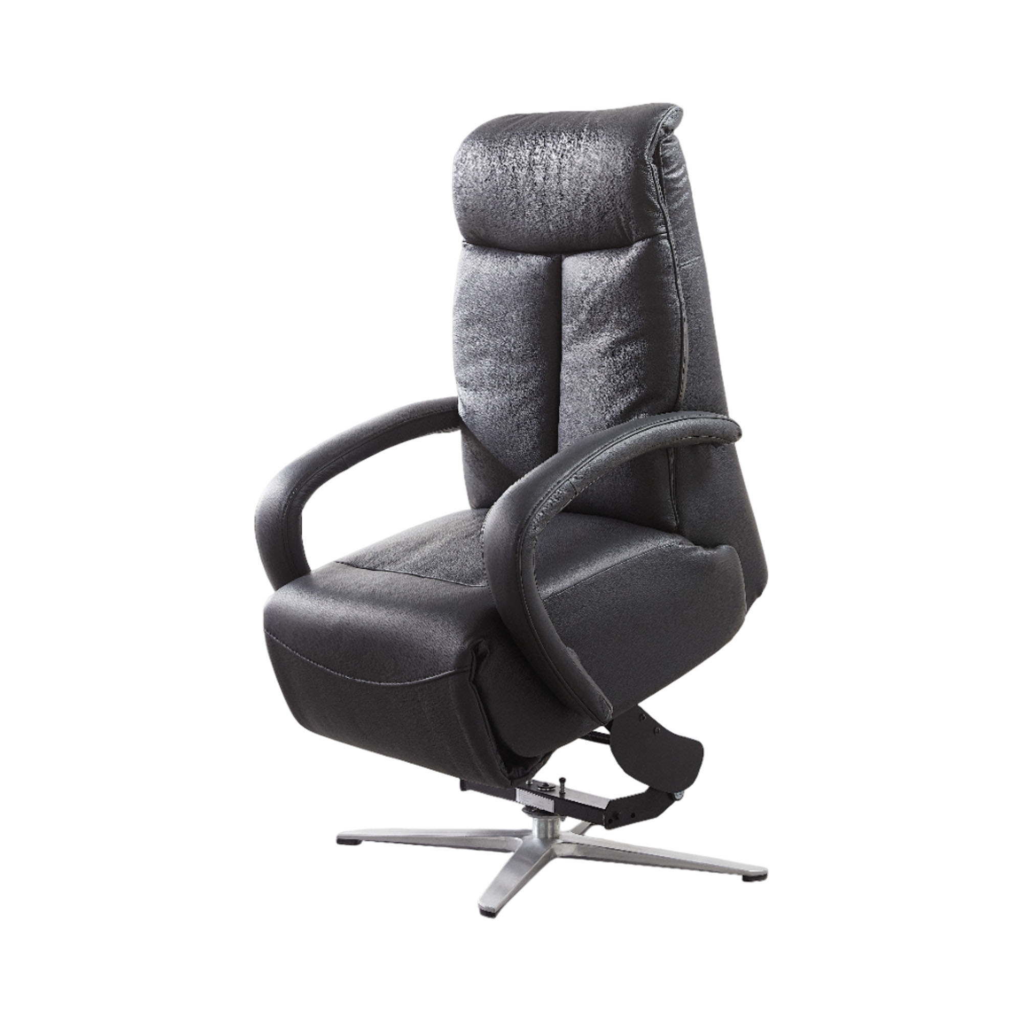 Schwarzer Relaxsessel mit ergonomischer Form, Armlehnen und Metallfuß mit Aufstehhilfe