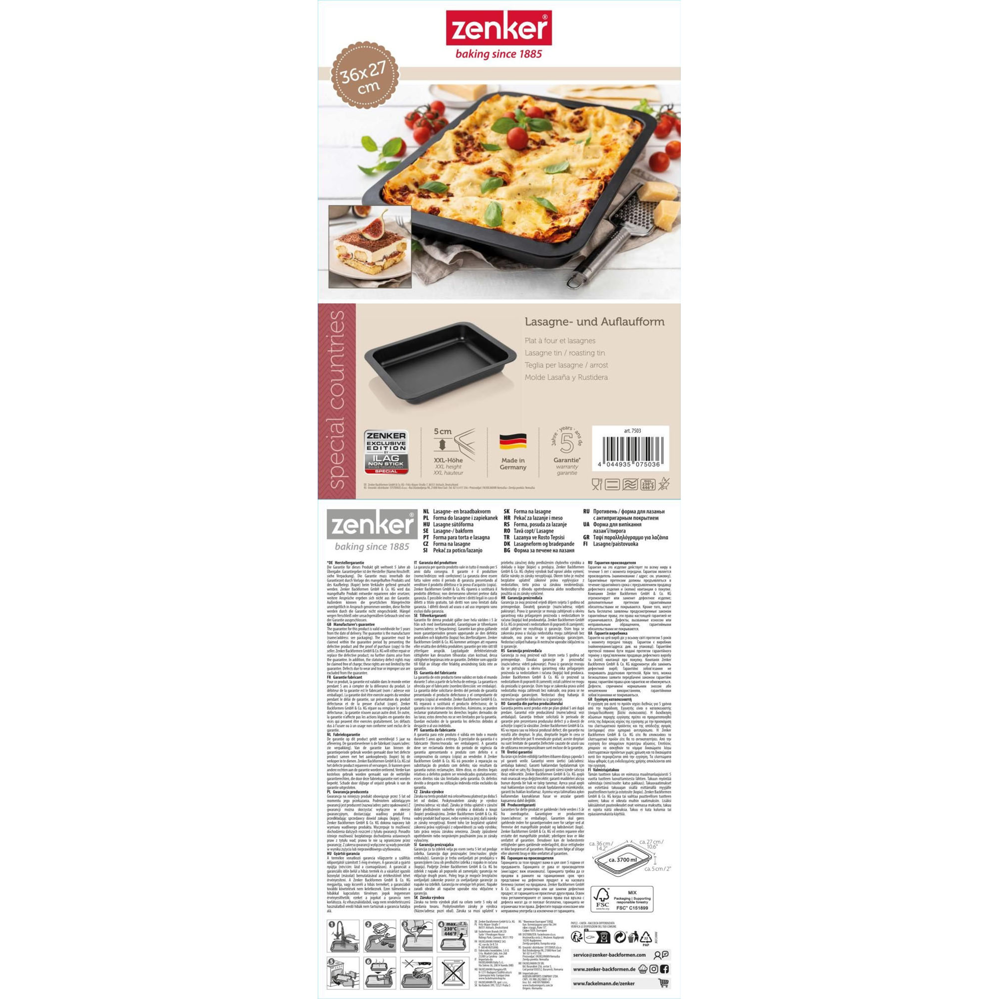 Rückseite der Verpackung einer Auflaufform mit technischen Angaben und Nutzungshinweisen