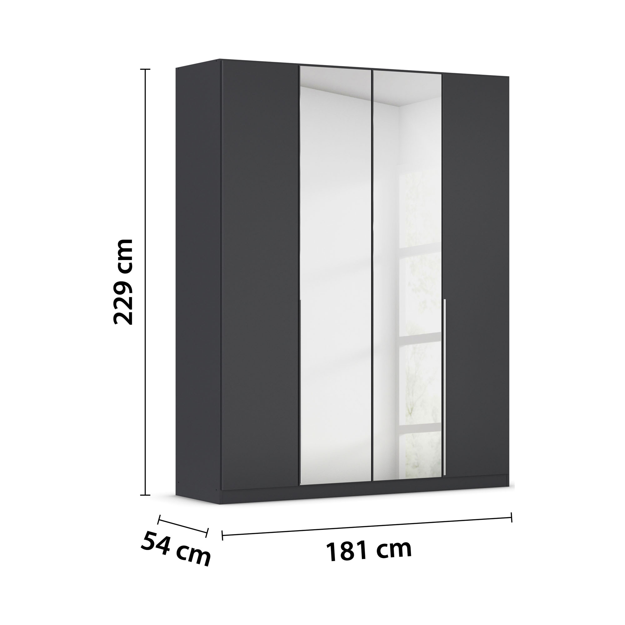 Grau-Metallicer Kleiderschrank mit Spiegeltüren und eingezeichneten Maßen 181 cm Breite, 229 cm Höhe und 54 cm Tiefe