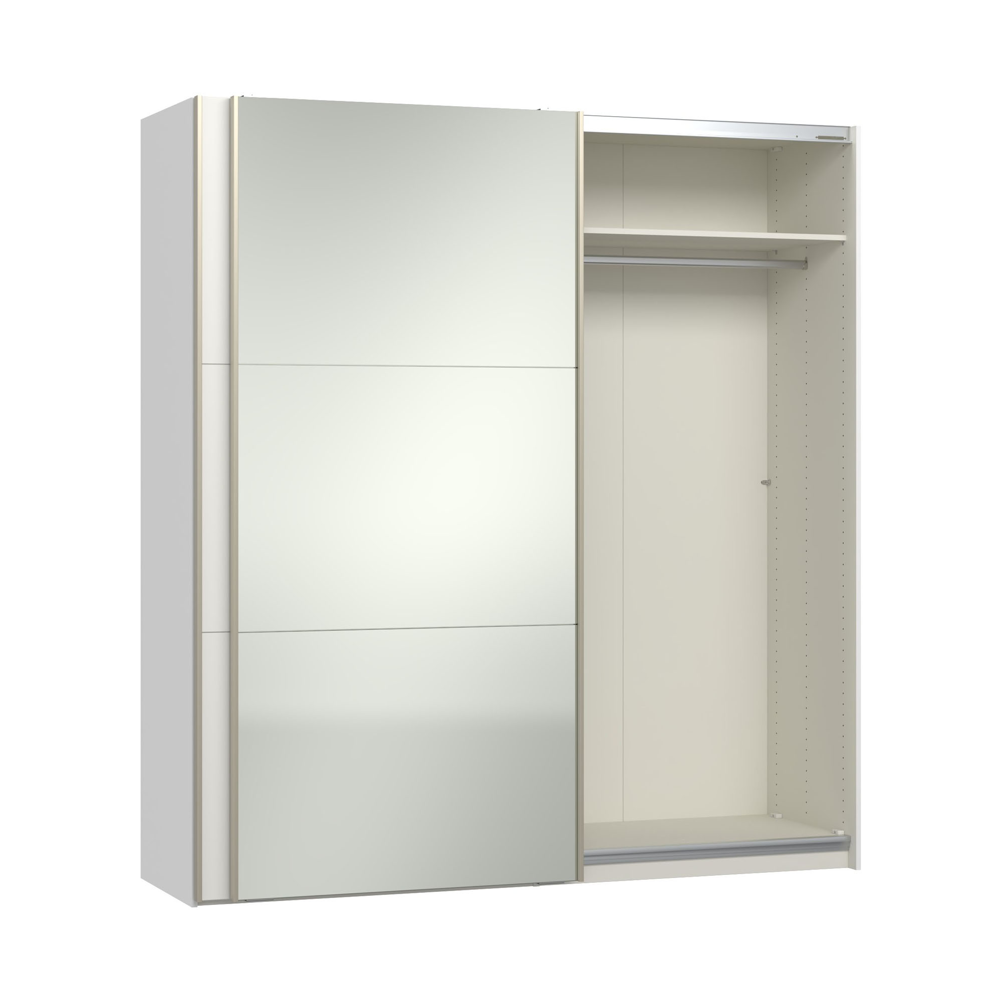 Geöffneter Schwebetürenschrank mit Kleiderstange und Ablagefach