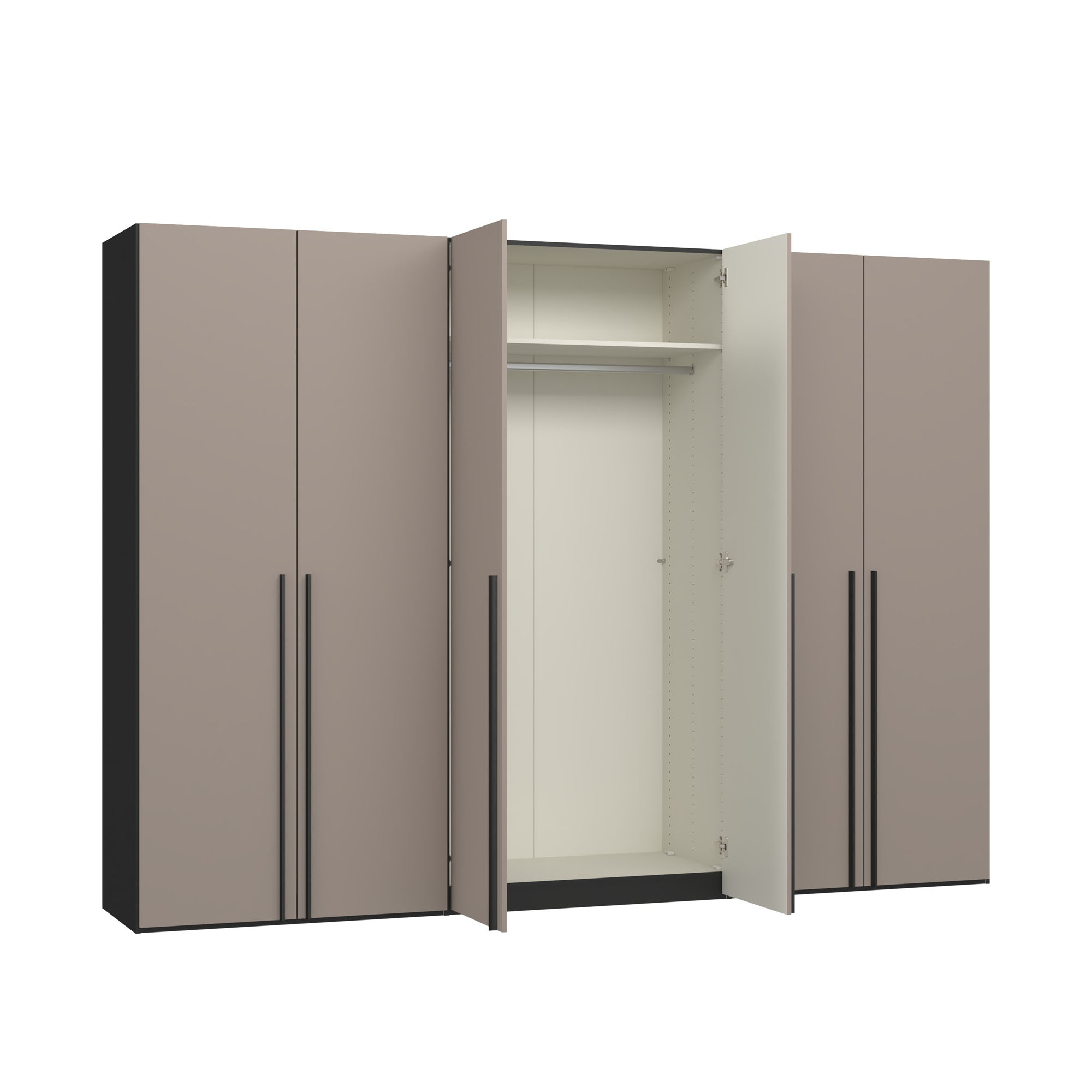 Sechstüriger Kleiderschrank mit geöffneter mittlerer Drehtür und sichtbarer Innenaufteilung