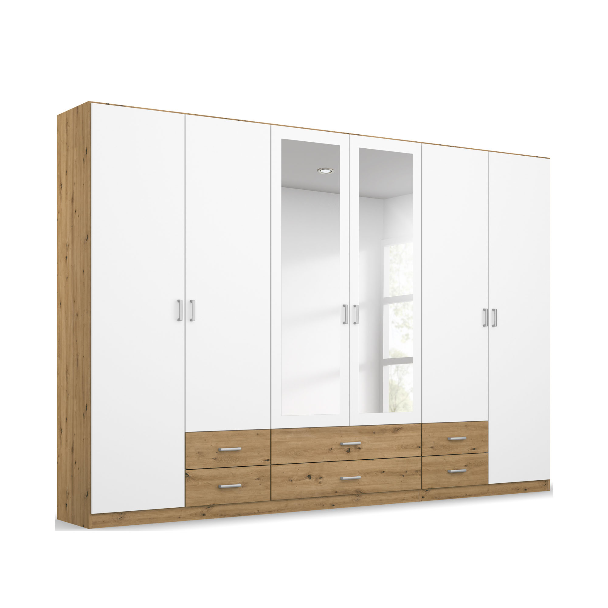Sechstüriger Kleiderschrank mit Korpus in Dekor Eiche Artisan und Fronten in Alpinweiß, zwei mittlere Spiegeltüren und sechs Schubladen