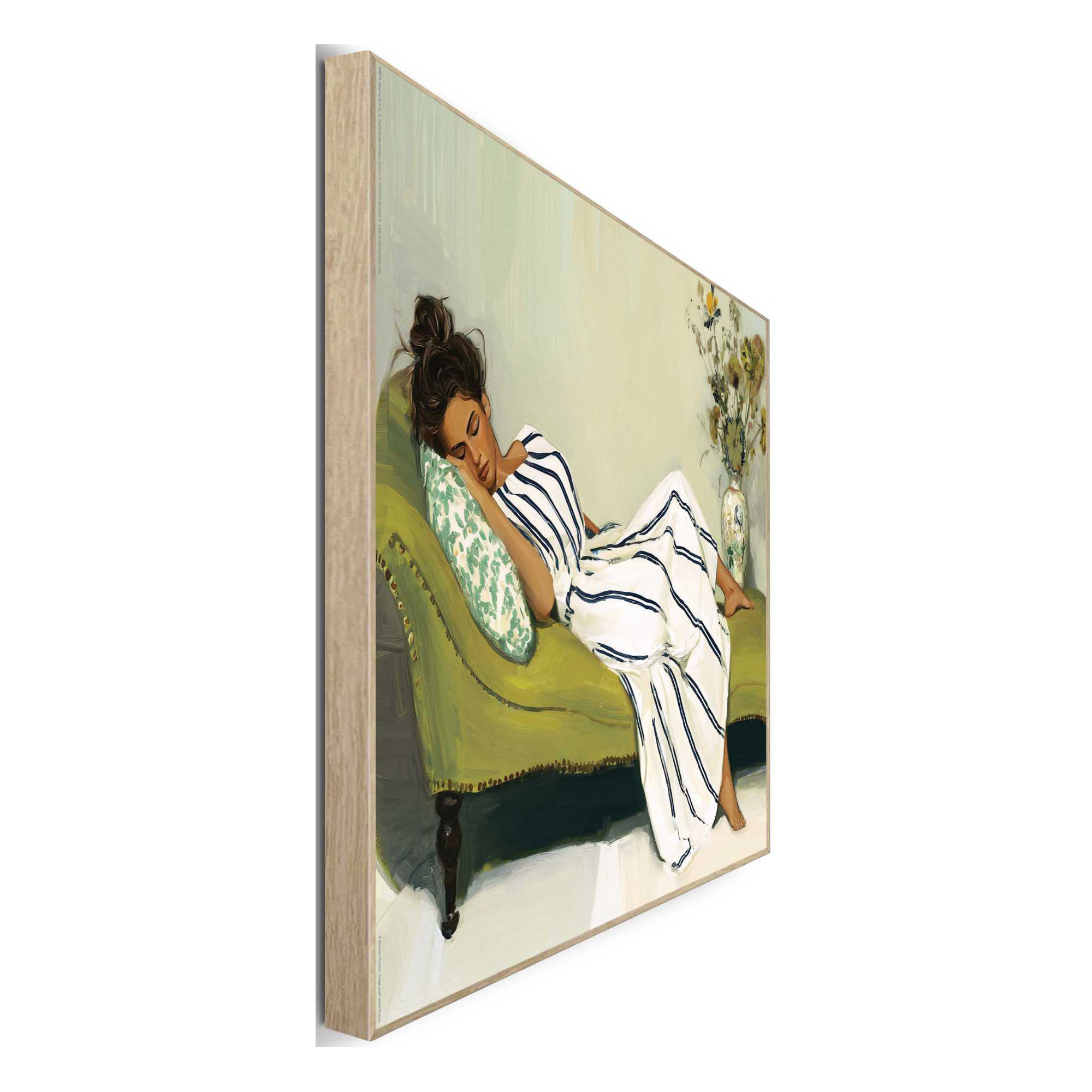 Seitliche Schrägansicht des Wandbilds „Napping Beauty“, 50 × 40 cm; Profil, Kante und Tiefe des Bildes sind erkennbar.