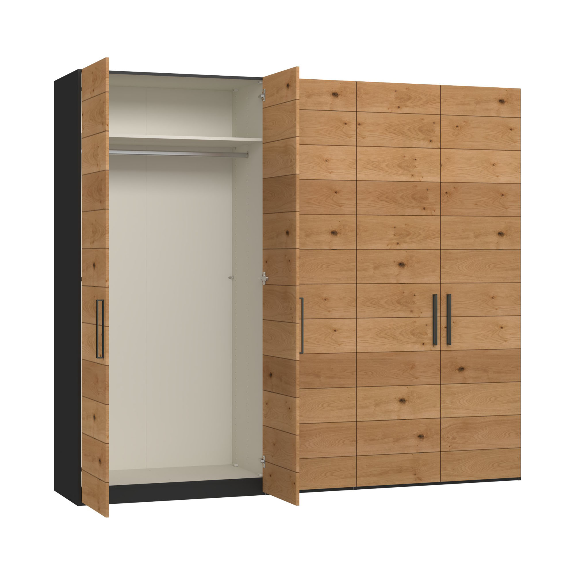 Drehtürenschrank mit geöffneter Seitentür und Innenansicht mit Kleiderstange