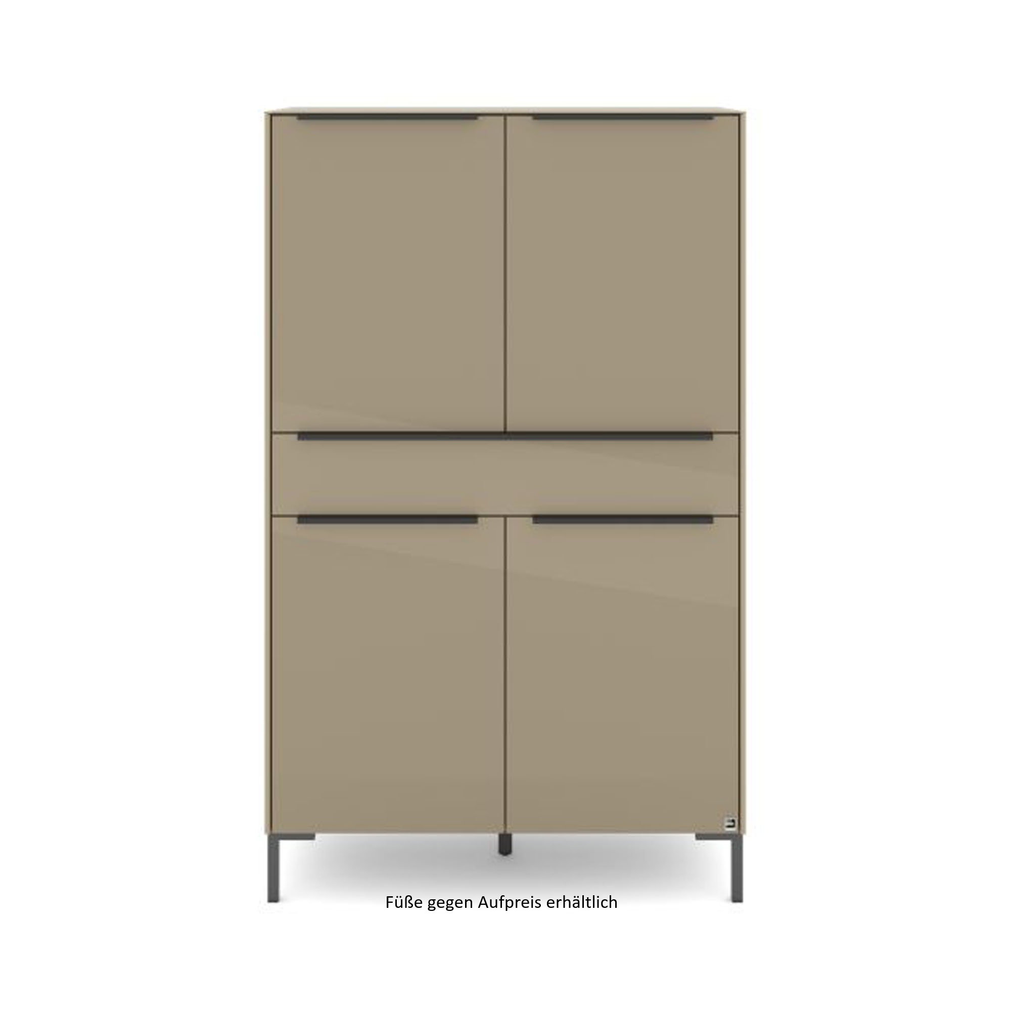 Musterring Set One Reno Highboard in Taupe mit vier Türen, einer Schublade und schwarzen Griffleisten, dargestellt mit optional erhältlichen schwarzen Metallfüßen.
