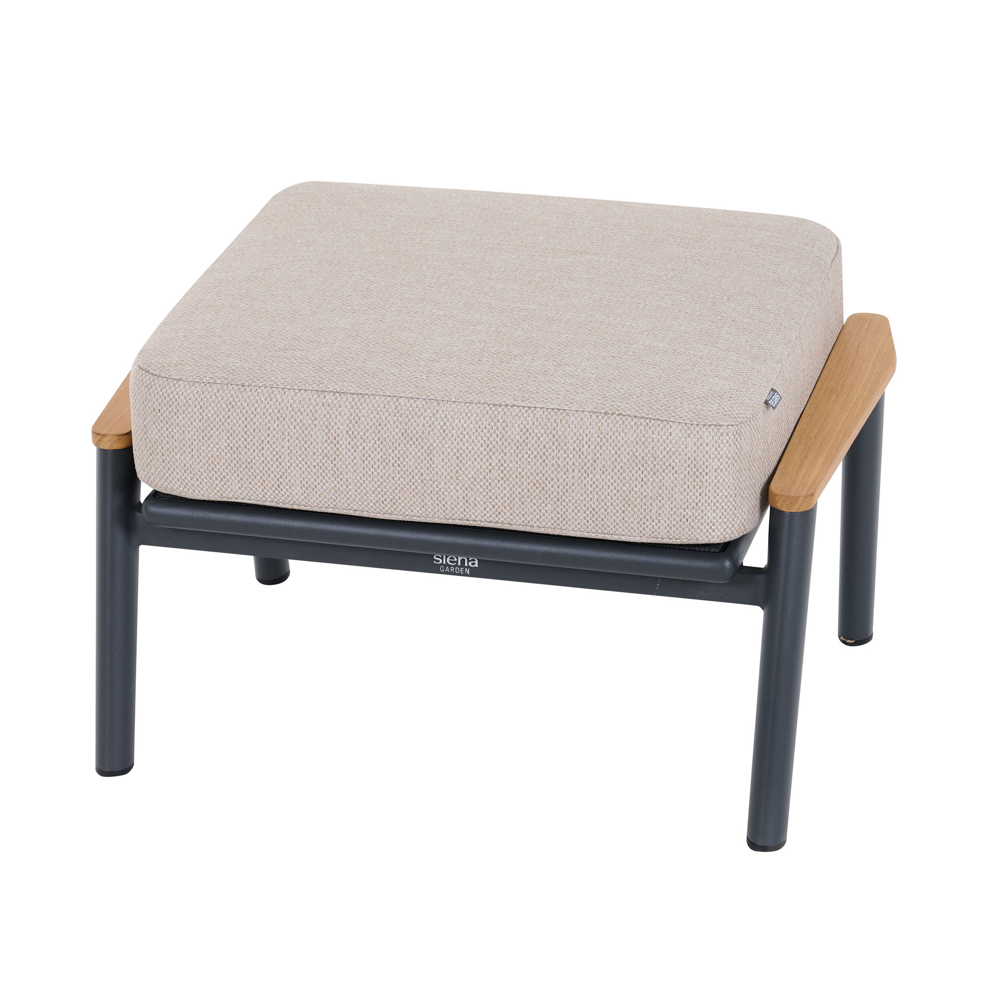 Quadratischer Gartenhocker mit beigem Sitzpolster, grauem Metallgestell und seitlichen Akzenten in Holzoptik.
