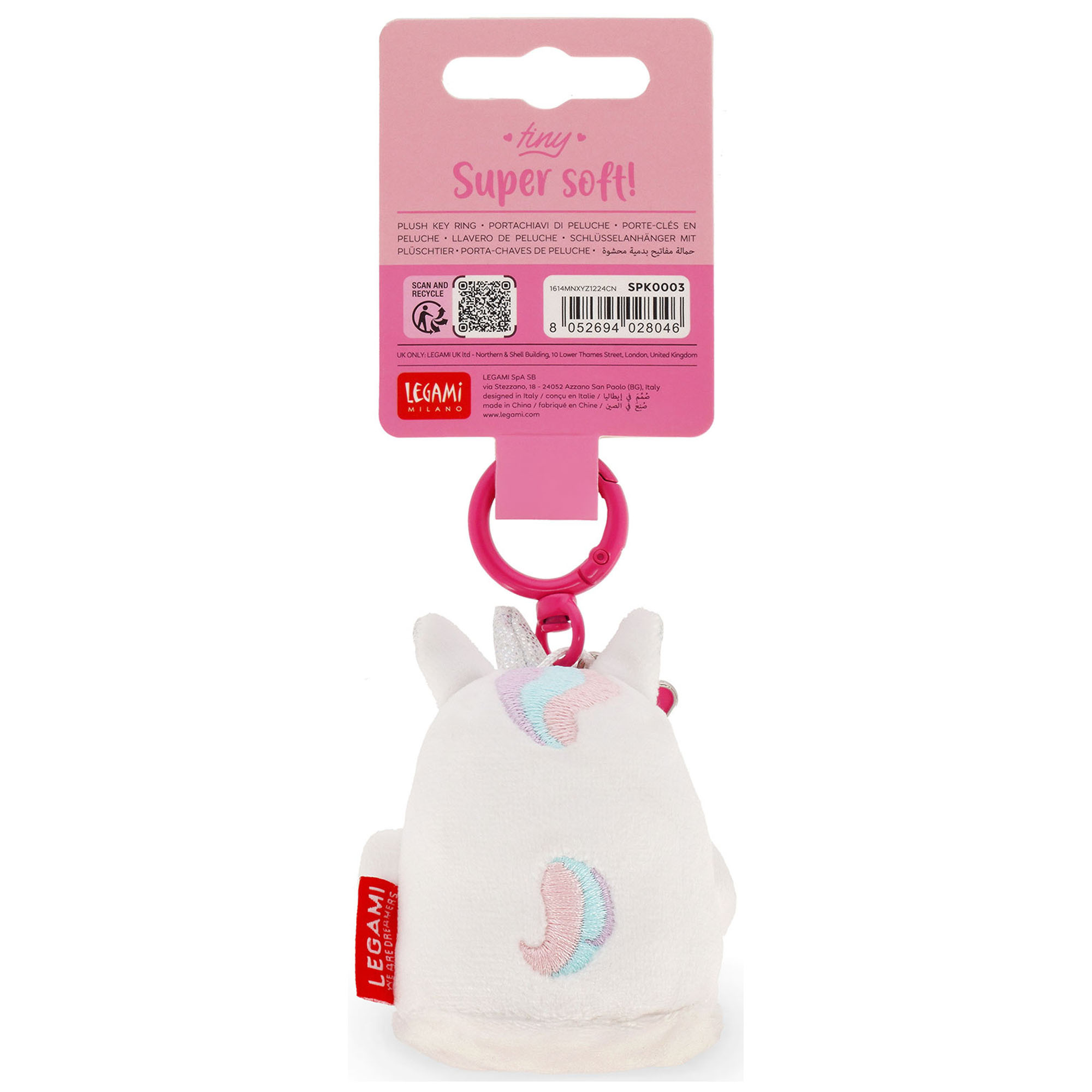 Einhorn-Plüsch-Schlüsselanhänger, von hinten an der Kartonaufhängung gezeigt.
