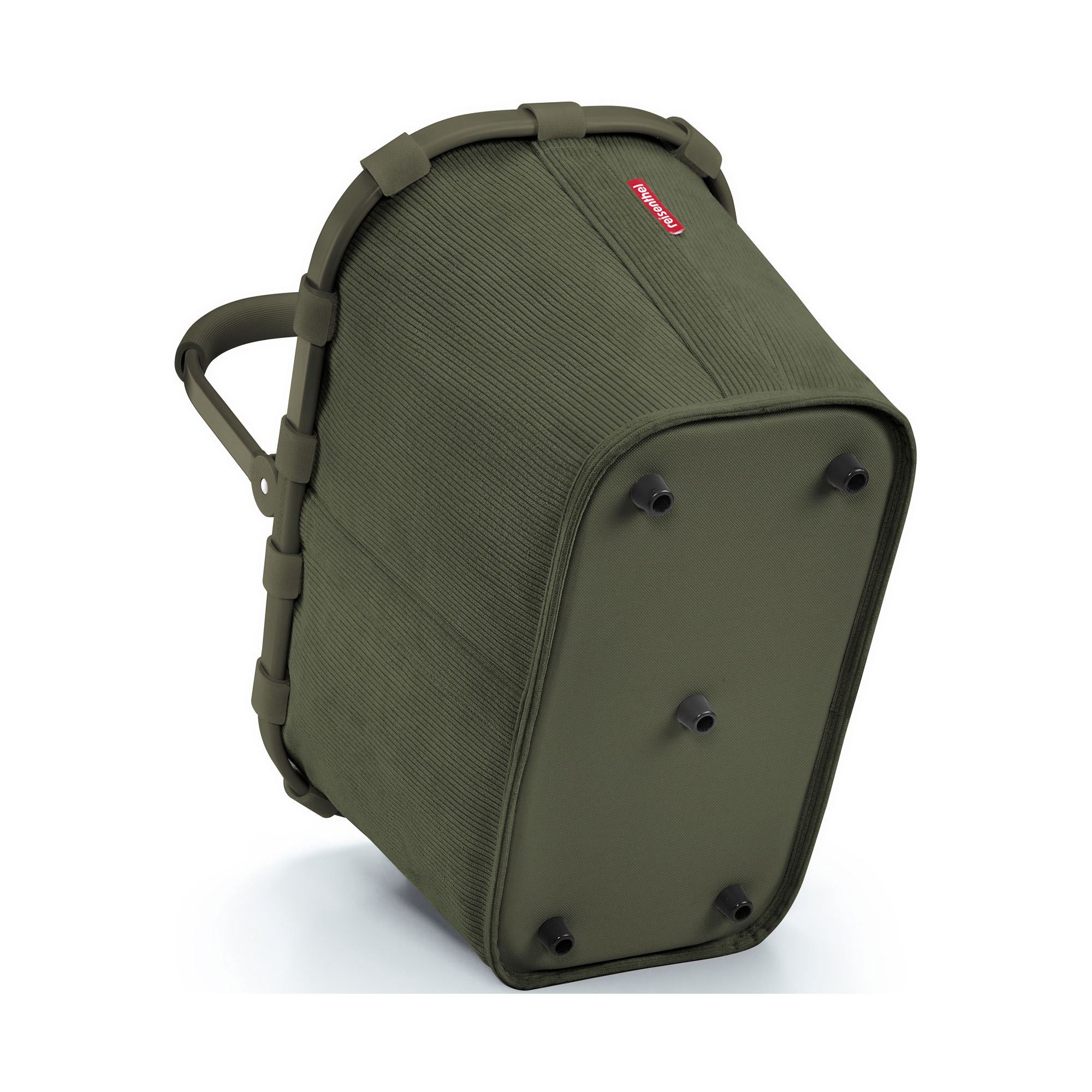Einkaufskorb von Reisenthel, Modell Carrybag, in Dunkelgrün aus geripptem Cord, schräg von unten mit vier schwarzen Standfüßen.