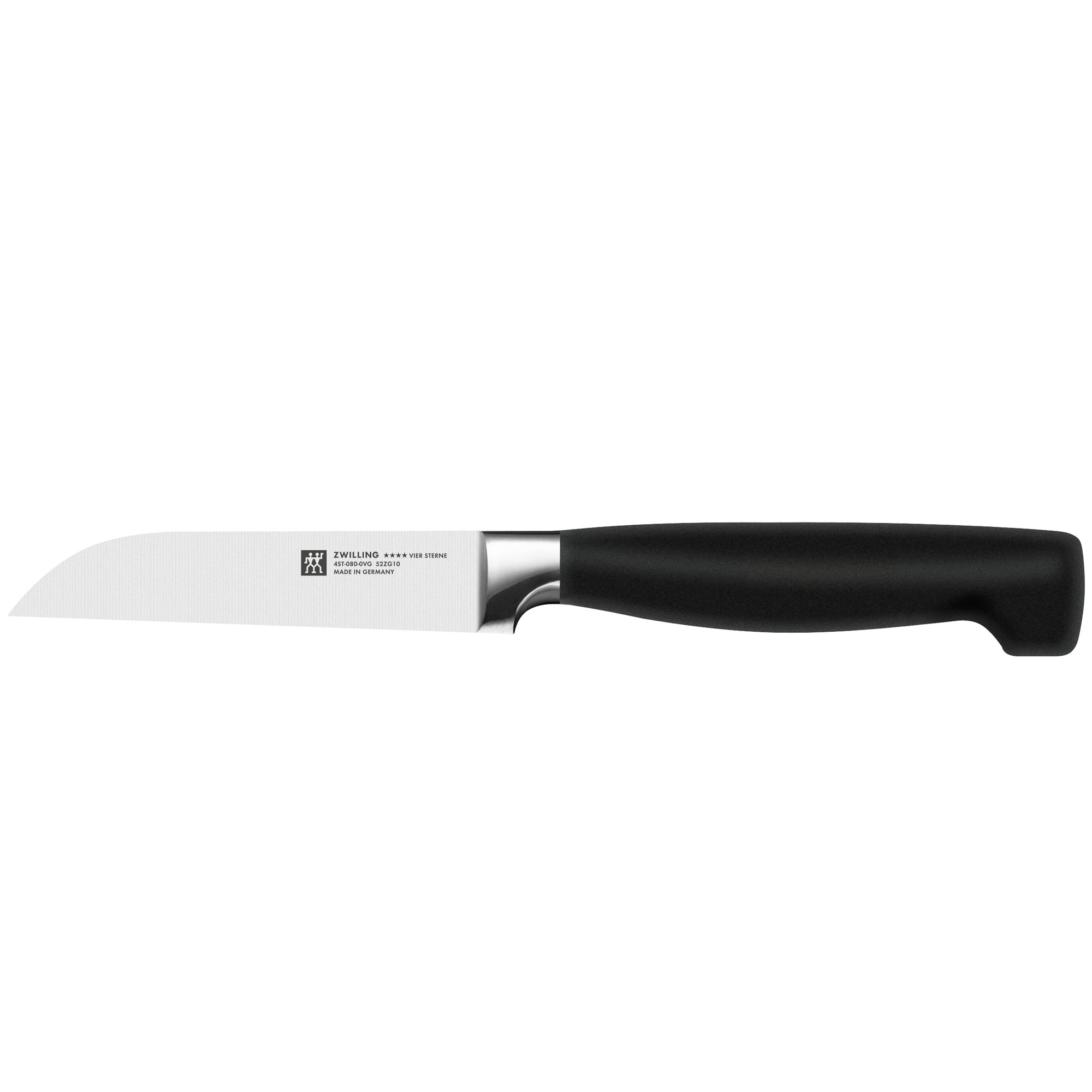 Kleines Gemüsemesser mit kurzer Klinge, Serie Vier Sterne von ZWILLING, Klingenlänge 80 mm, freigestellt auf weißem Hintergrund.