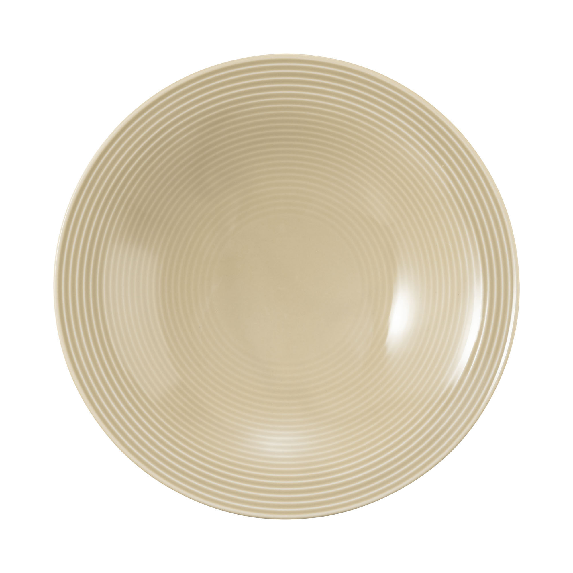 tiefer Teller in Sandbeige. Darstellung: Seitenansicht. Merkmale: rund mit breitem geriffeltem Rand.