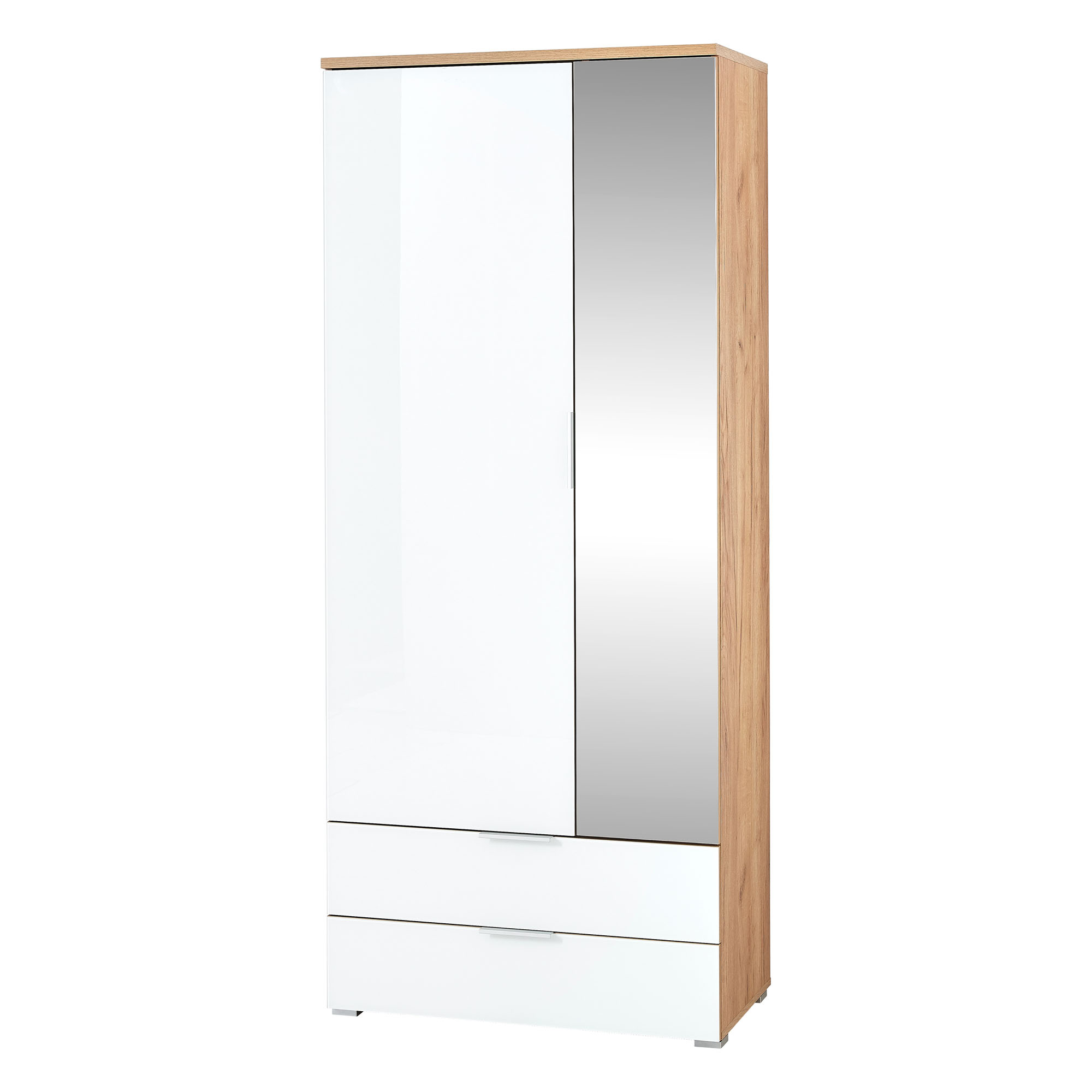 Geschlossener Garderobenschrank mit weißer Front, Spiegeltür und Holzrahmen