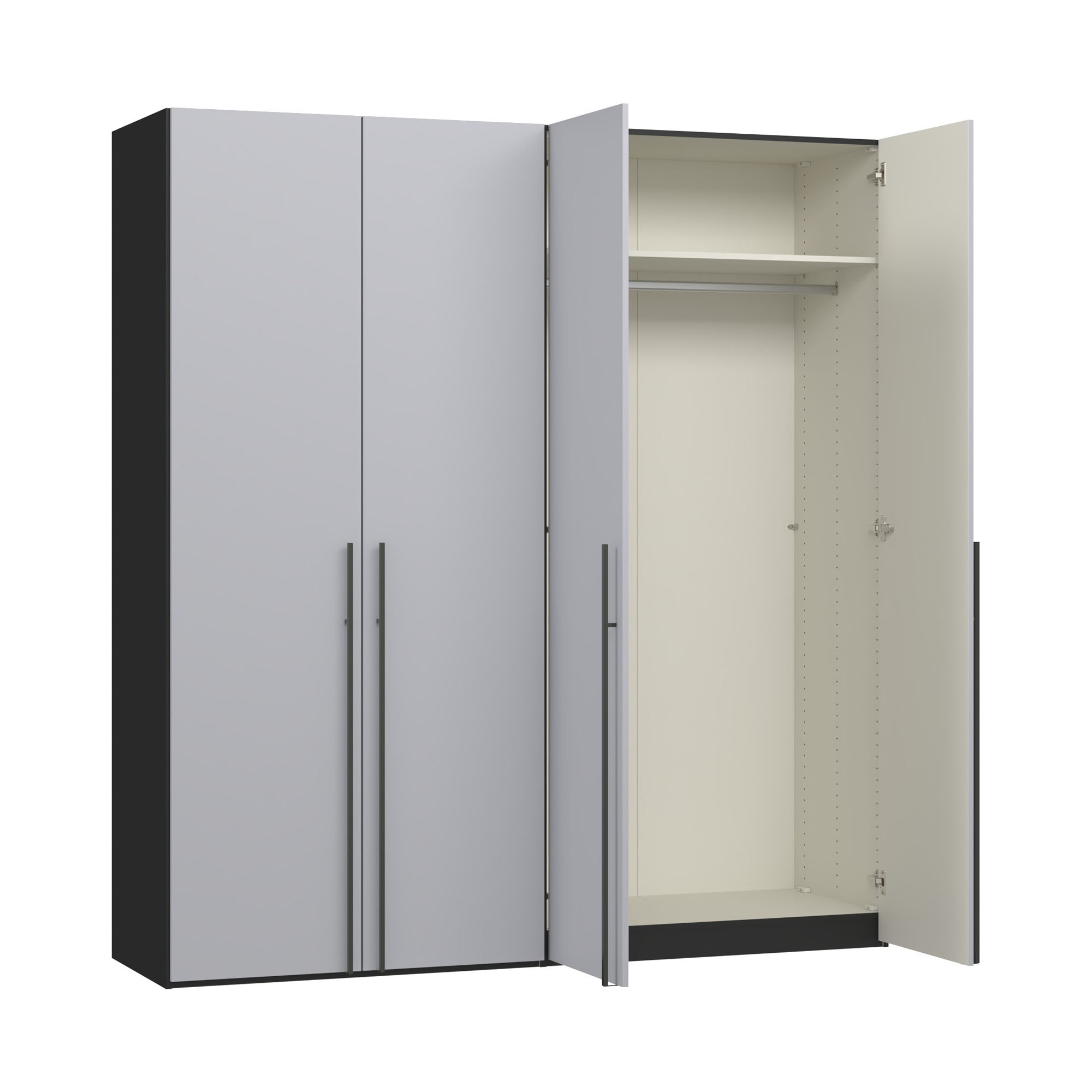 Kleiderschrank mit teilweise geöffneten Drehtüren und sichtbarem Innenraum mit Kleiderstange