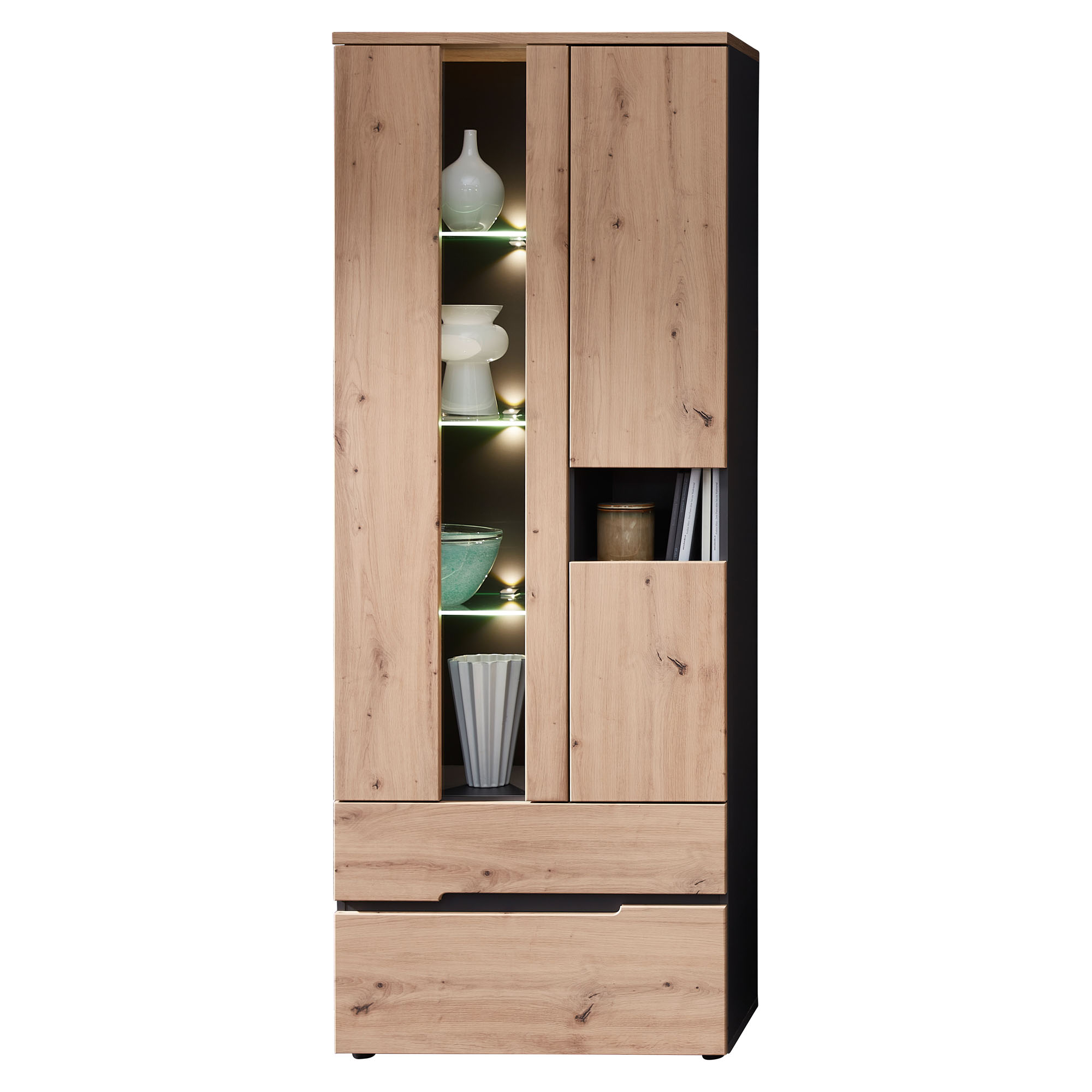 Holzvitrine mit links offenen Glasfächern mit Beleuchtung und rechts geschlossenen Türen sowie unteren Schubladen.