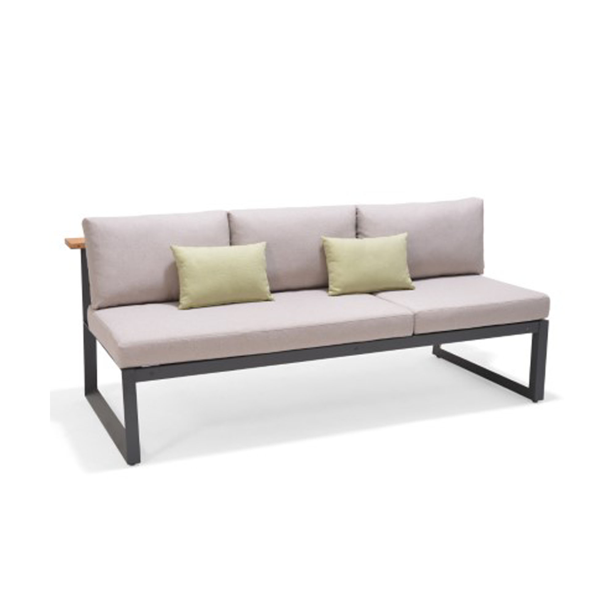 Modernes Gartensofa mit hellgrauen Sitz- und Rückenkissen sowie stabilem Gestell aus schwarzem Metall.