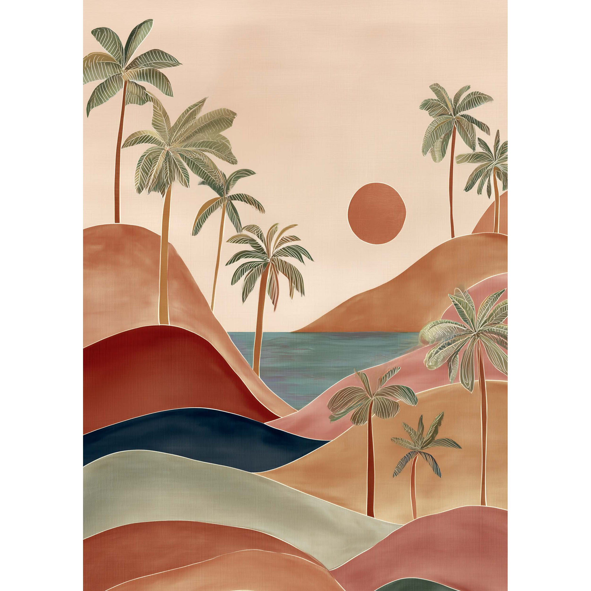 Hochformatiges Landschaftsbild mit tropischen Palmen, orangefarbener Sonne und geschwungenen Hügeln in Beige, Terrakotta, Rosa und Dunkelblau