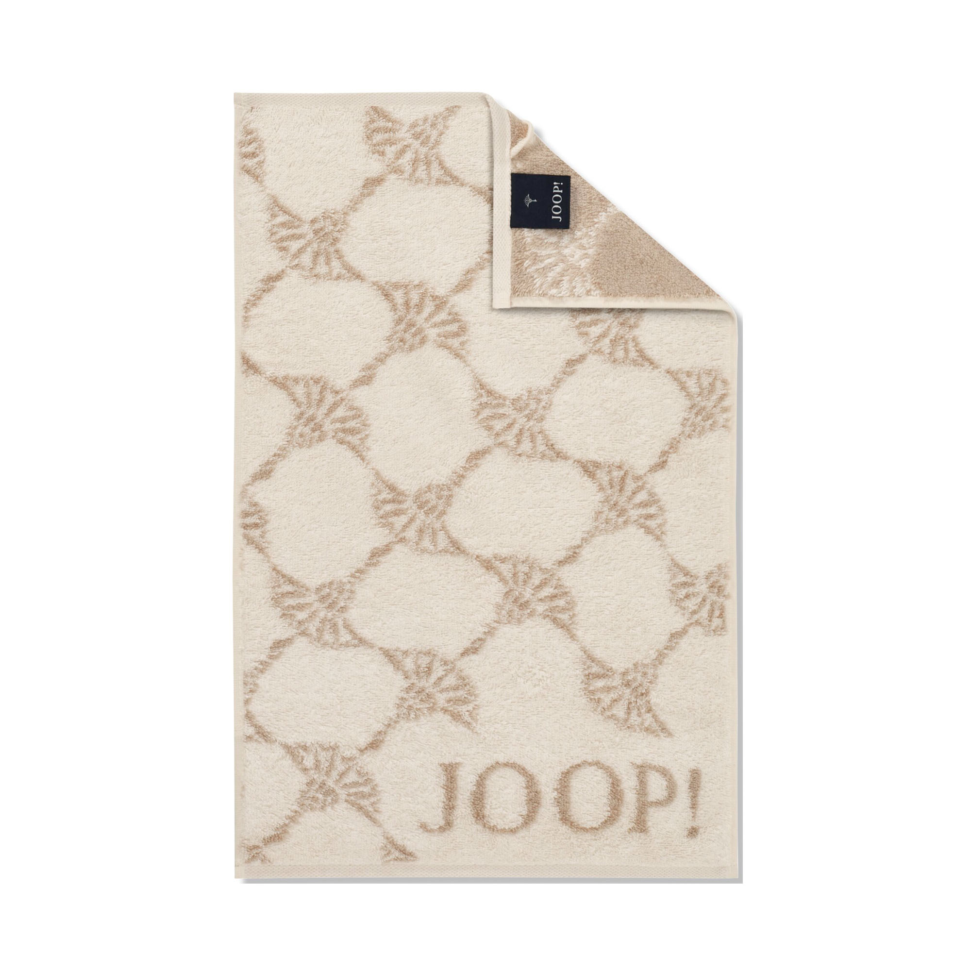 Cremefarbener JOOP! Cornflower Gästetuch, 30 × 50 cm, flach dargestellt mit wiederholtem Cornflower-Muster, umgeschlagener Ecke und JOOP!-Schriftzug unten.