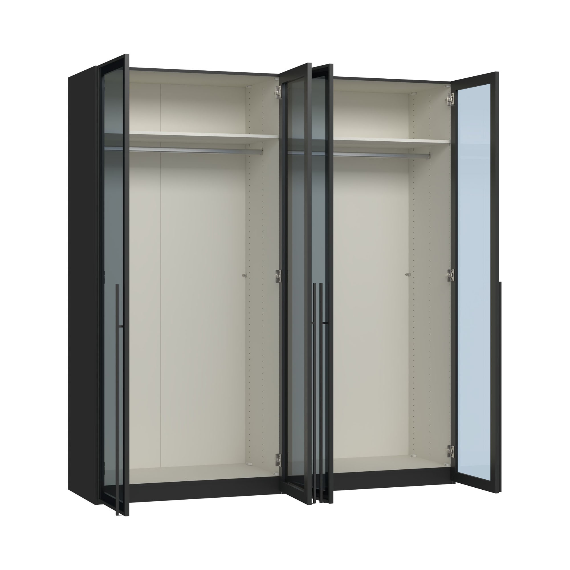 Drehtürenschrank mit geöffneten Glastüren und Innenraum mit Kleiderstangen