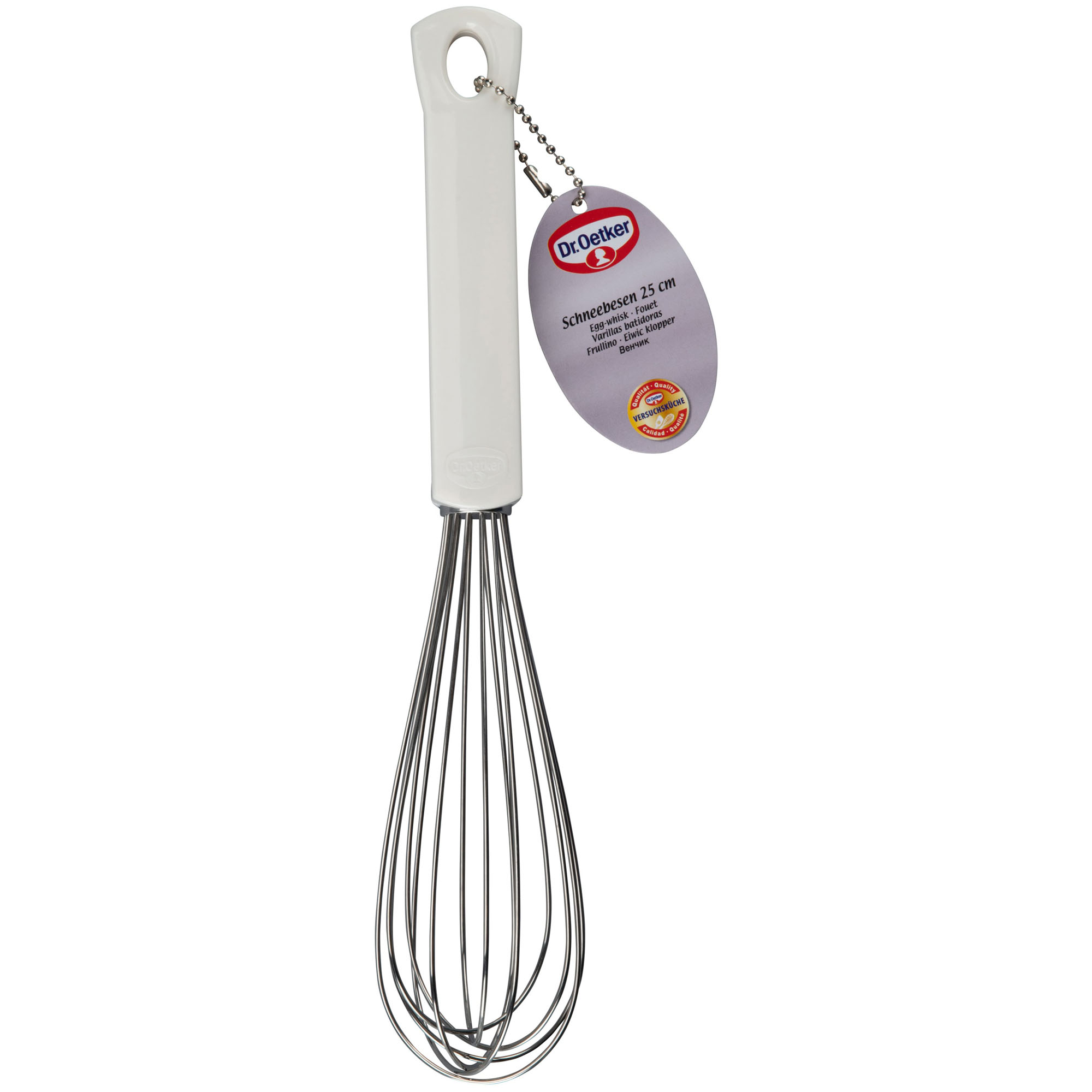 Schneebesen mit Produktanhänger und Aufhängeschlaufe