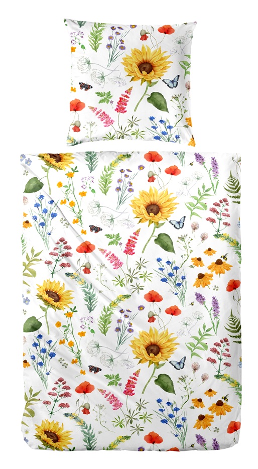 Weiße Bettwäsche mit bunten Wiesenblumen, Blättern und kleinen Schmetterlingen; Bettdecken- und Kissenbezug sind freigestellt dargestellt; Größe 135 x 200 cm.