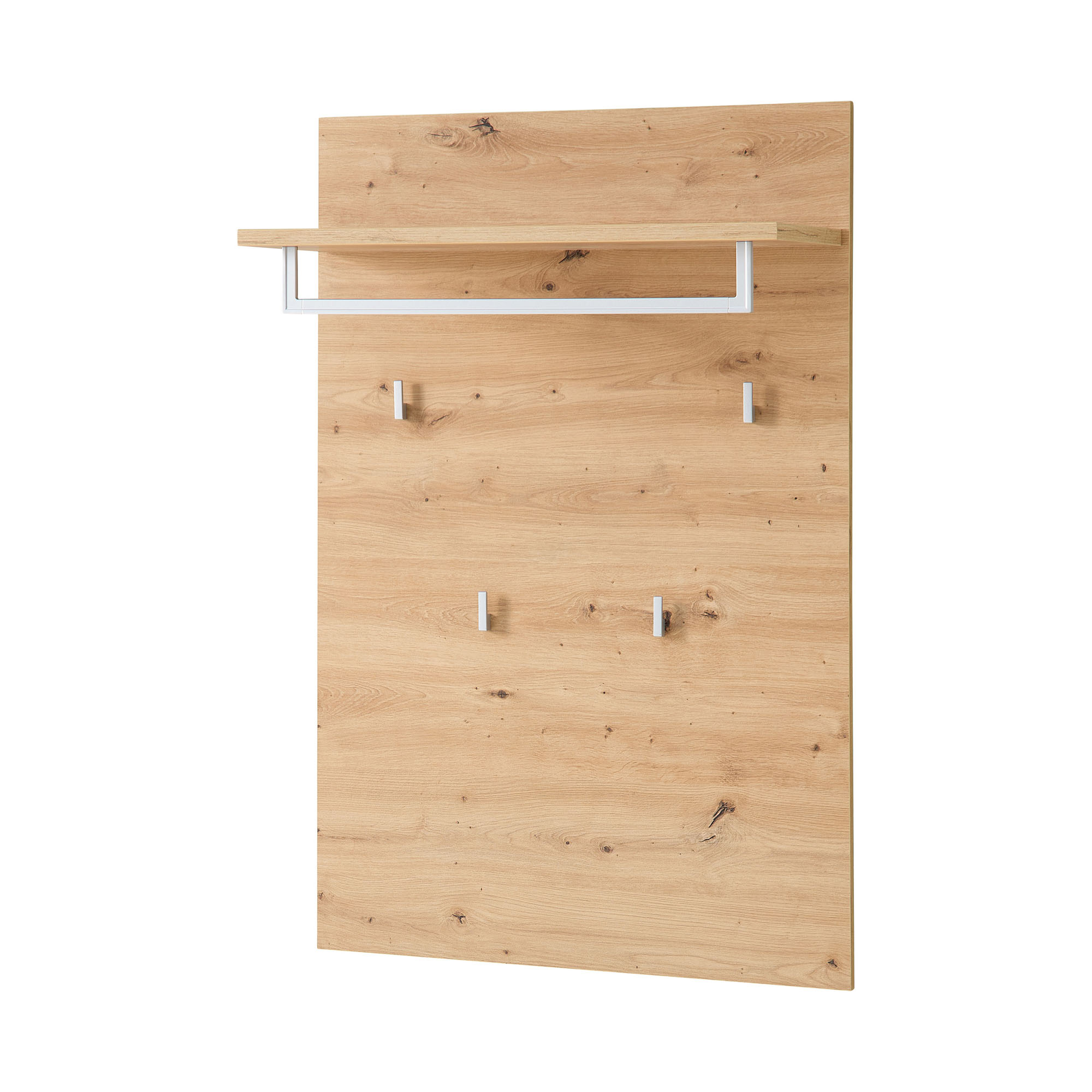 Rechteckiges Garderobenpaneel aus Holz mit einer oberen Ablage und mehreren kleinen Haken an der Front.