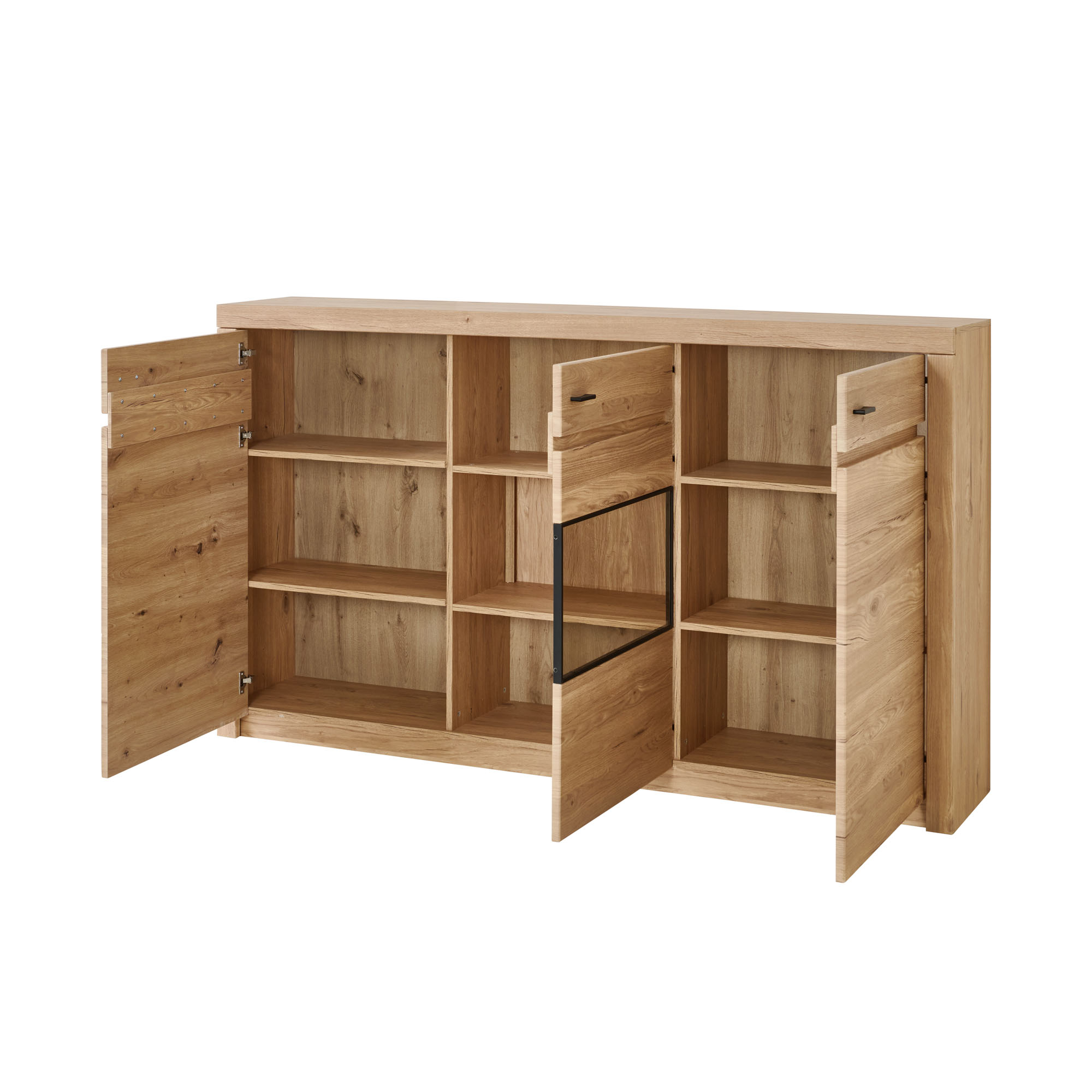 Geöffnetes Sideboard mit mehreren Einlegeböden Schubladen und Stauraum hinter den Türen