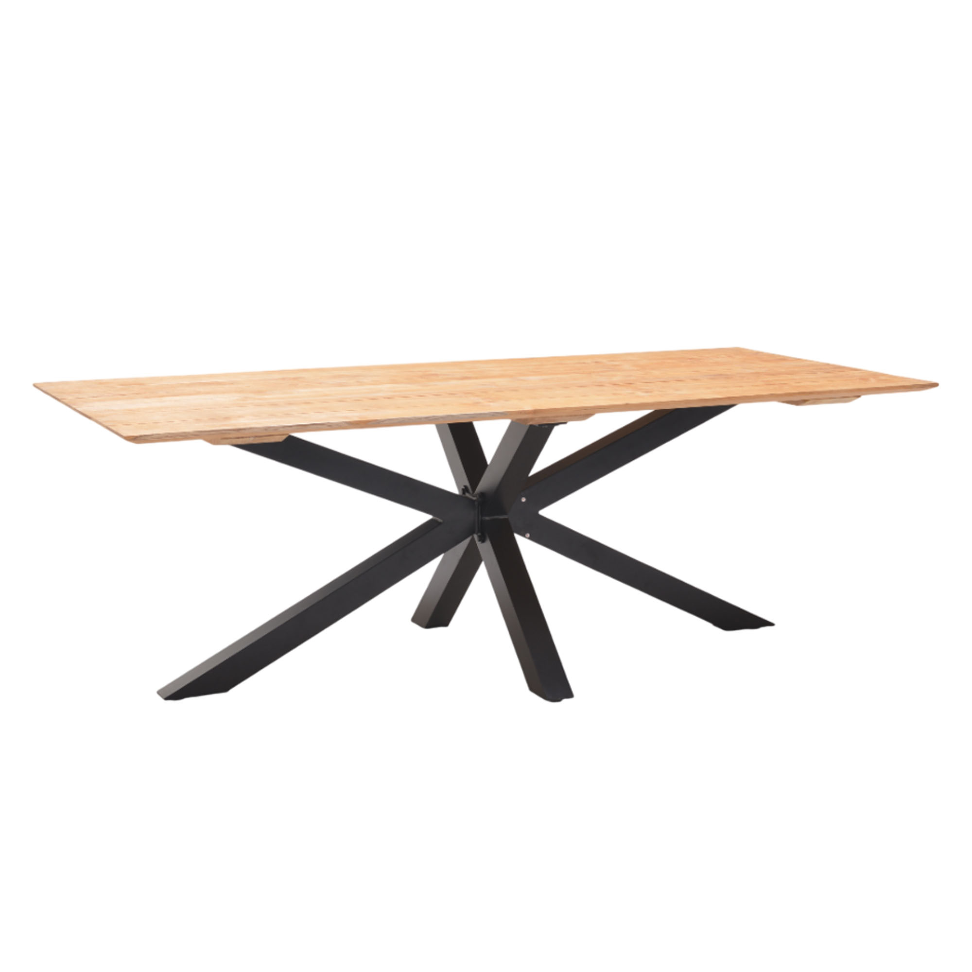 Moderner Esstisch mit rechteckiger Holzplatte und pulverbeschichtetem Kreuzgestell aus schwarzem Metall im Industrial-Stil.