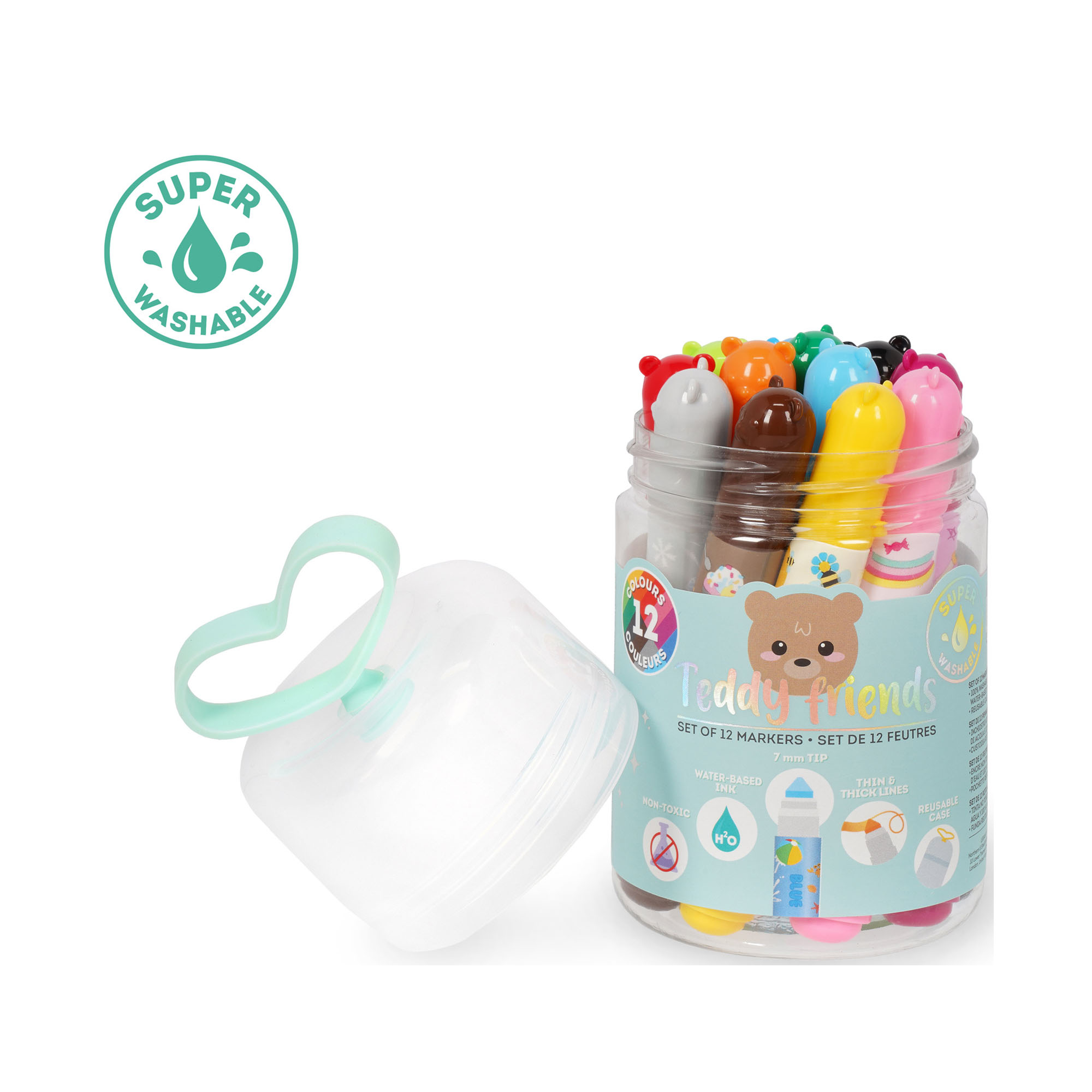 Zwölf Filzstifte mit Teddybär-Motiven, in einem runden Stiftebecher mit abgenommener Kappe gezeigt.