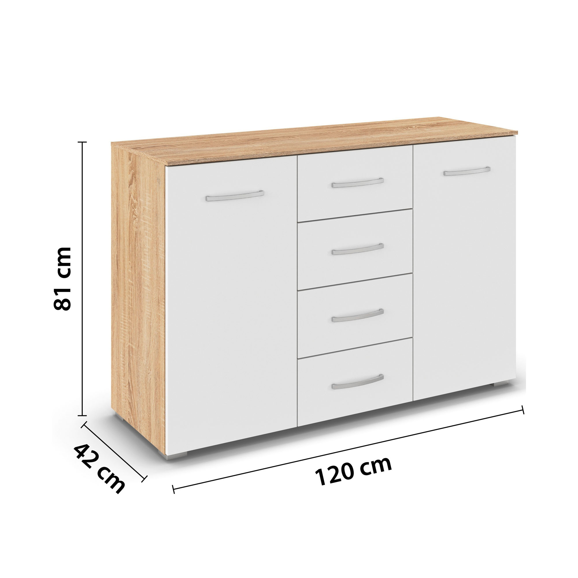 Sideboard in Weiß mit Eiche Optik mit Maßangaben Breite 120 cm, Höhe 81 cm und  Tiefe 42 cm mit Türen und Schubladen